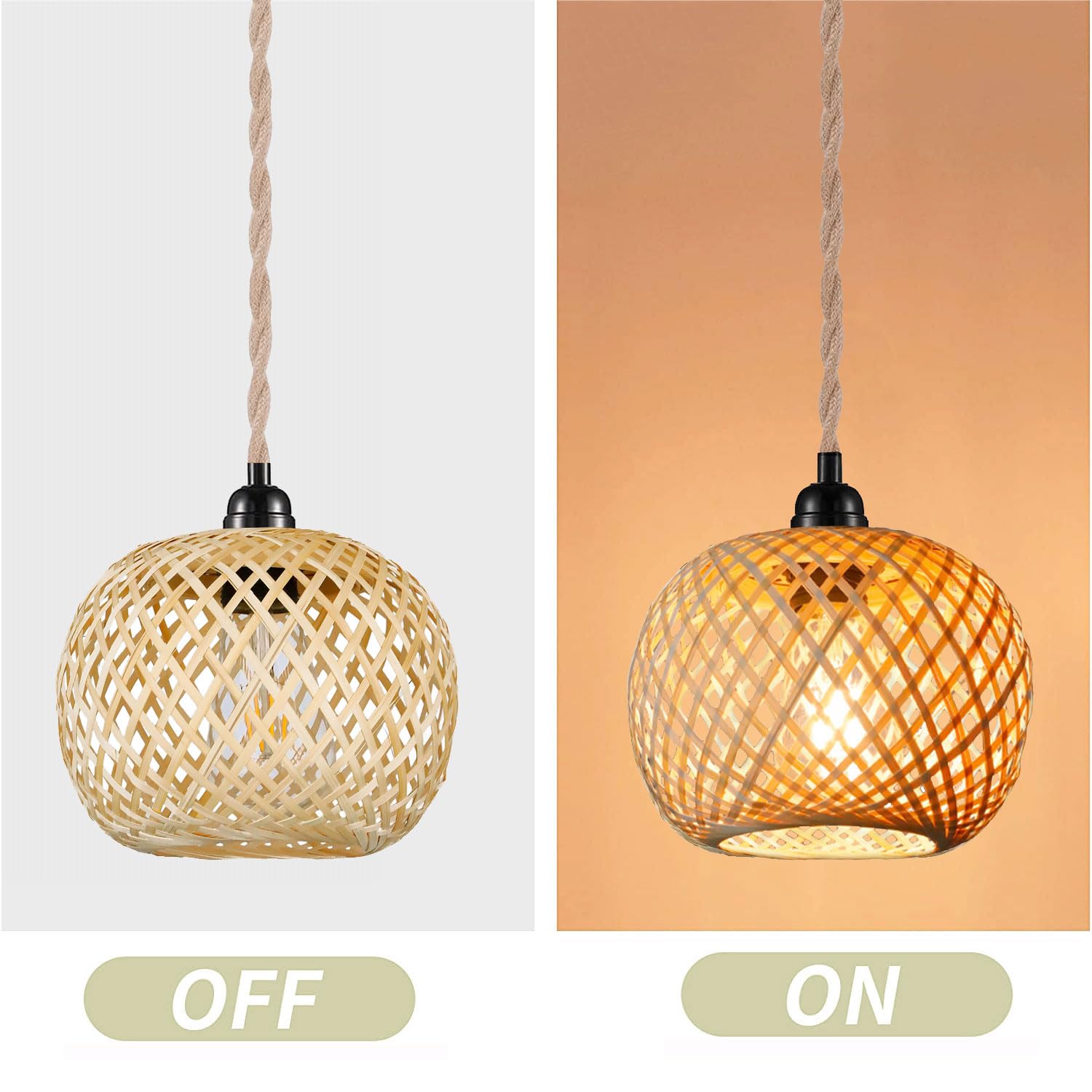 Vintage Plug In Pendant Light Wicker Rattan Hanging Lights With 15Ft Hemp Rope Cord Mini Bamboo Lampshade Boho Wall Lighting Fix