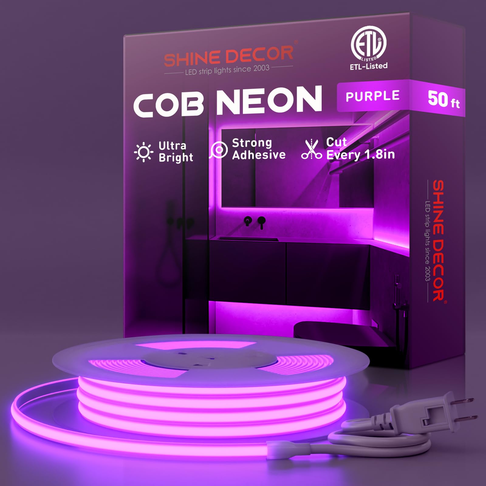 Shine Decor Cob Led Rope Light Ac 120V  800Lm Ultra Bright  Ip65 Waterproof Cold-Resistant Etl Neon Strip  No Driver Tape Lighting For Home Commercial 10X4.5Mm  Purple  50Ft