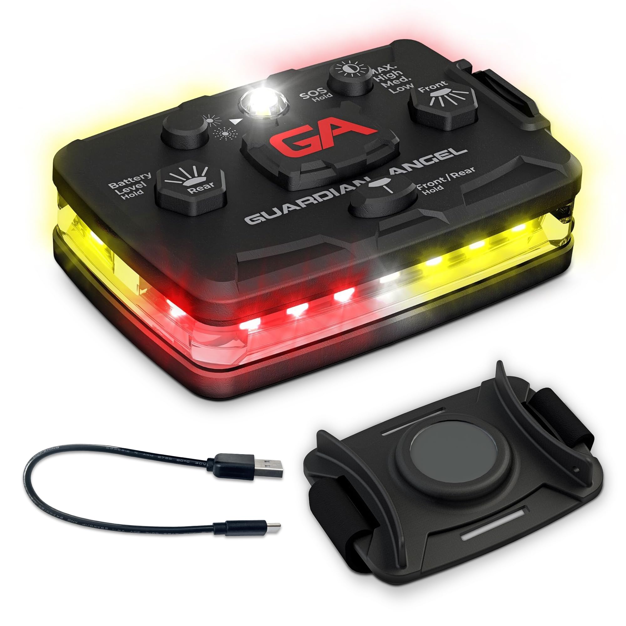 Guardian Angel Elite Series Safety Light - (Red/Yellow Front & Red/Yellow Rear) - Rechargeable, Magnetic, Hands-Free Wearable LE