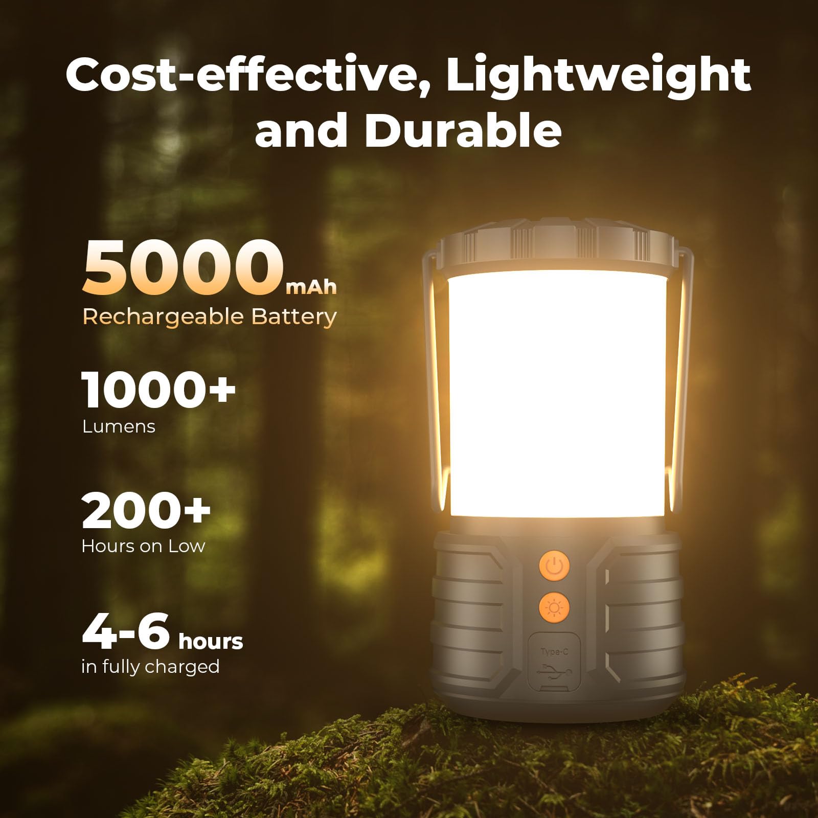 PopoIron Camping Lantern - 5000mAh Rechargeable, IPX4 Waterproof, Black, EL01 Model, 1 Pack