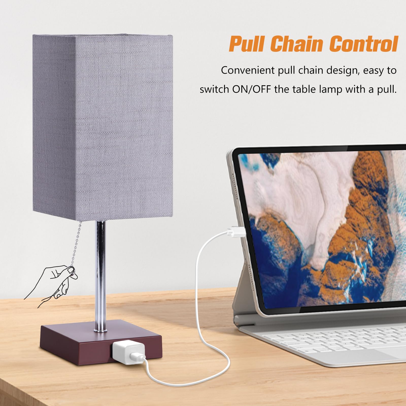 Plmmy Bedside Table Lamp For Bedroom Nightstand, 3 Color Pull Chain Nightstand Lamps Set Of 2 With Ac Outlets, Square Gray Lamps