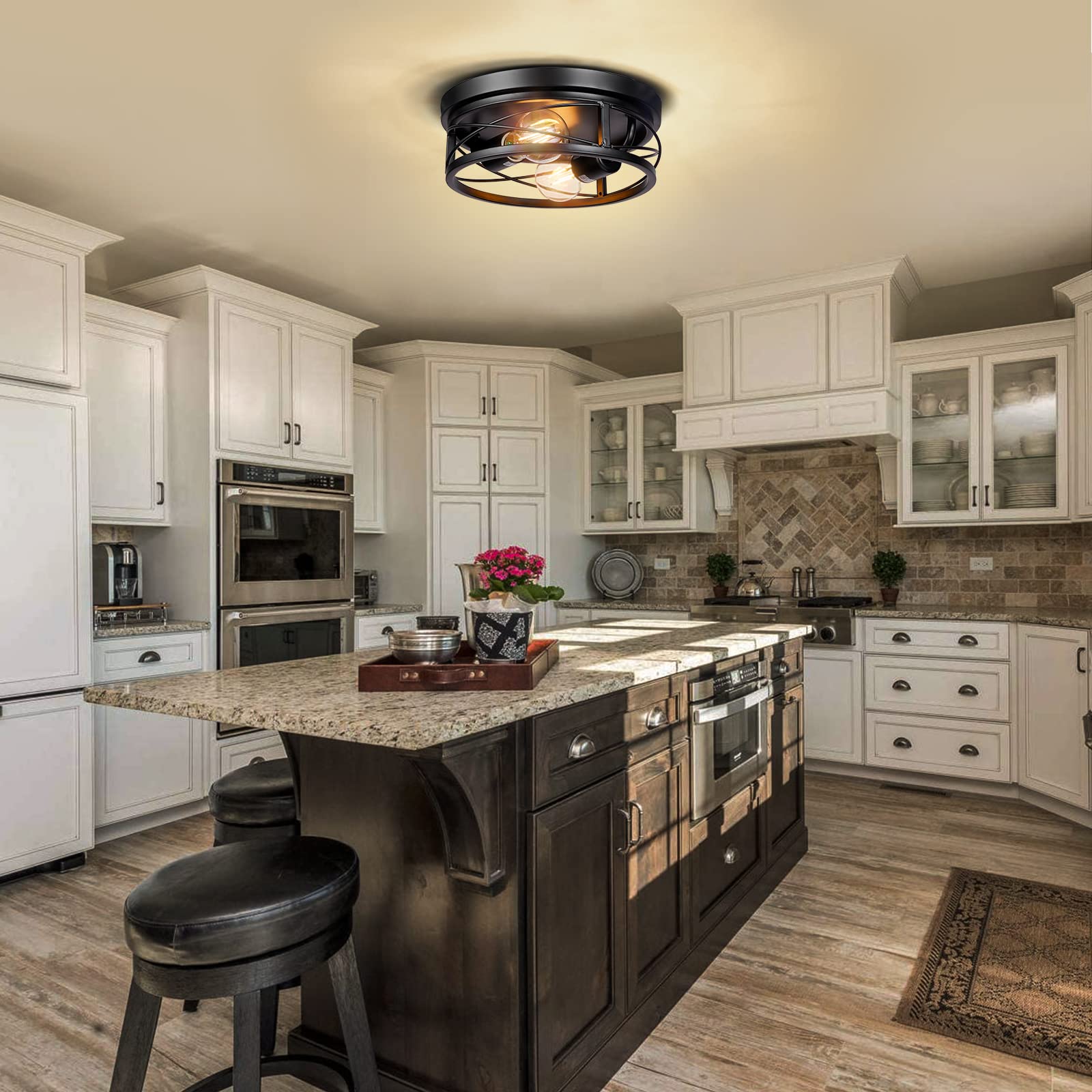 Feanron 2-Pack Farmhouse Black Flush Mount Ceiling Light, Vintage Metal Cage Design, A19 Led Bulbs