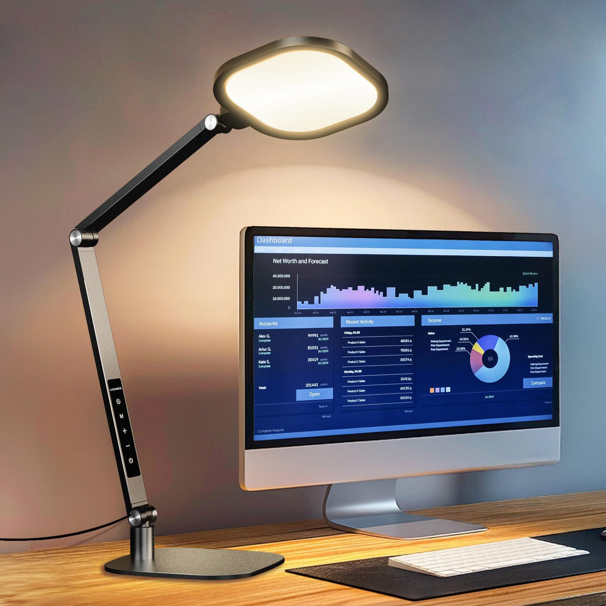 LitONES LED Desk Lamp for Home Office, 15W Computer Zoom Lighting with Swing Arm, Memory & Timer Function, Dimmable Desktop Ring