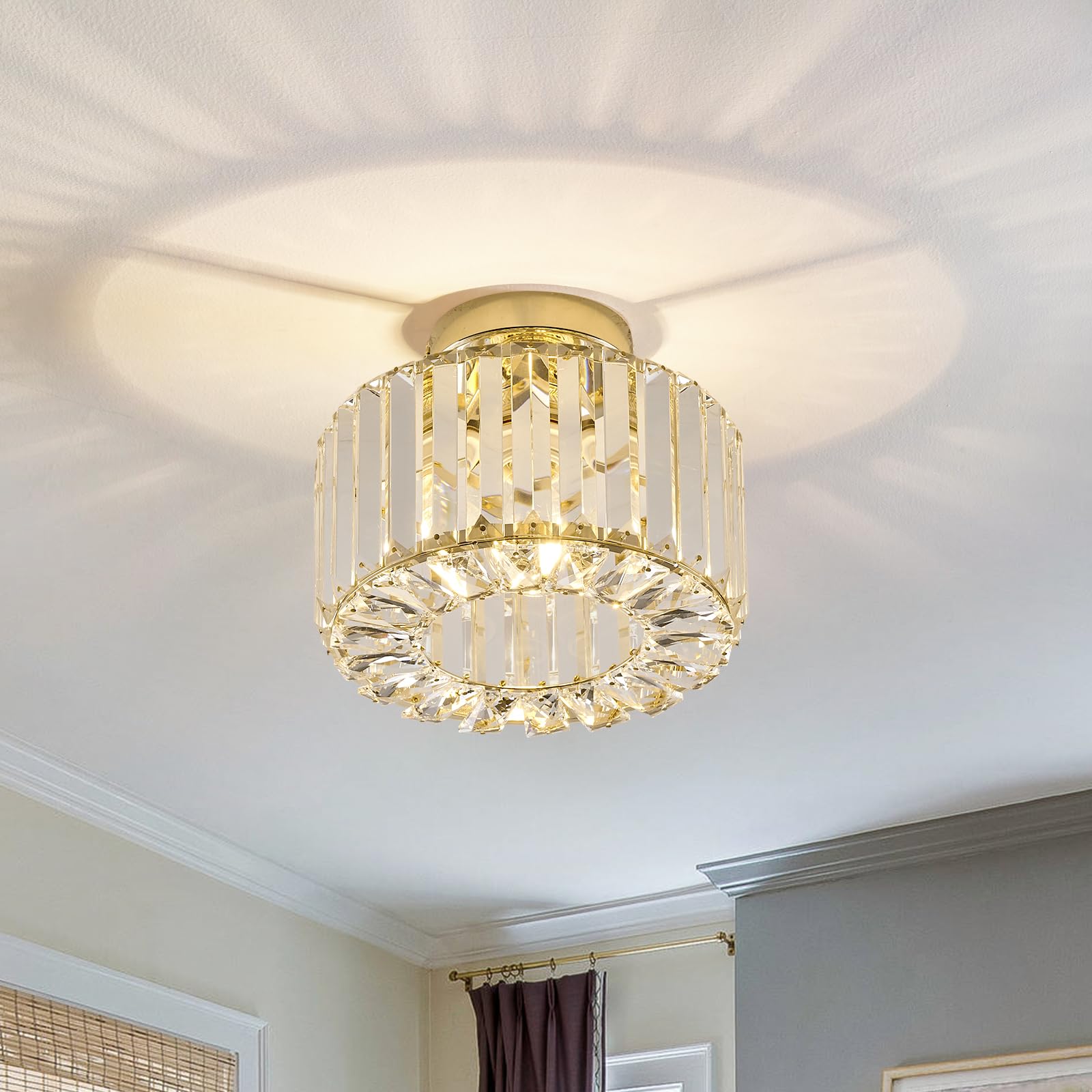 Buxvrcs Crystal Ceiling Light Fixture - Semi Flush Mount Chandelier, Gold, Medium, Model Sjd-12B, Perfect For Kitchen, Bedroom, Bathroom