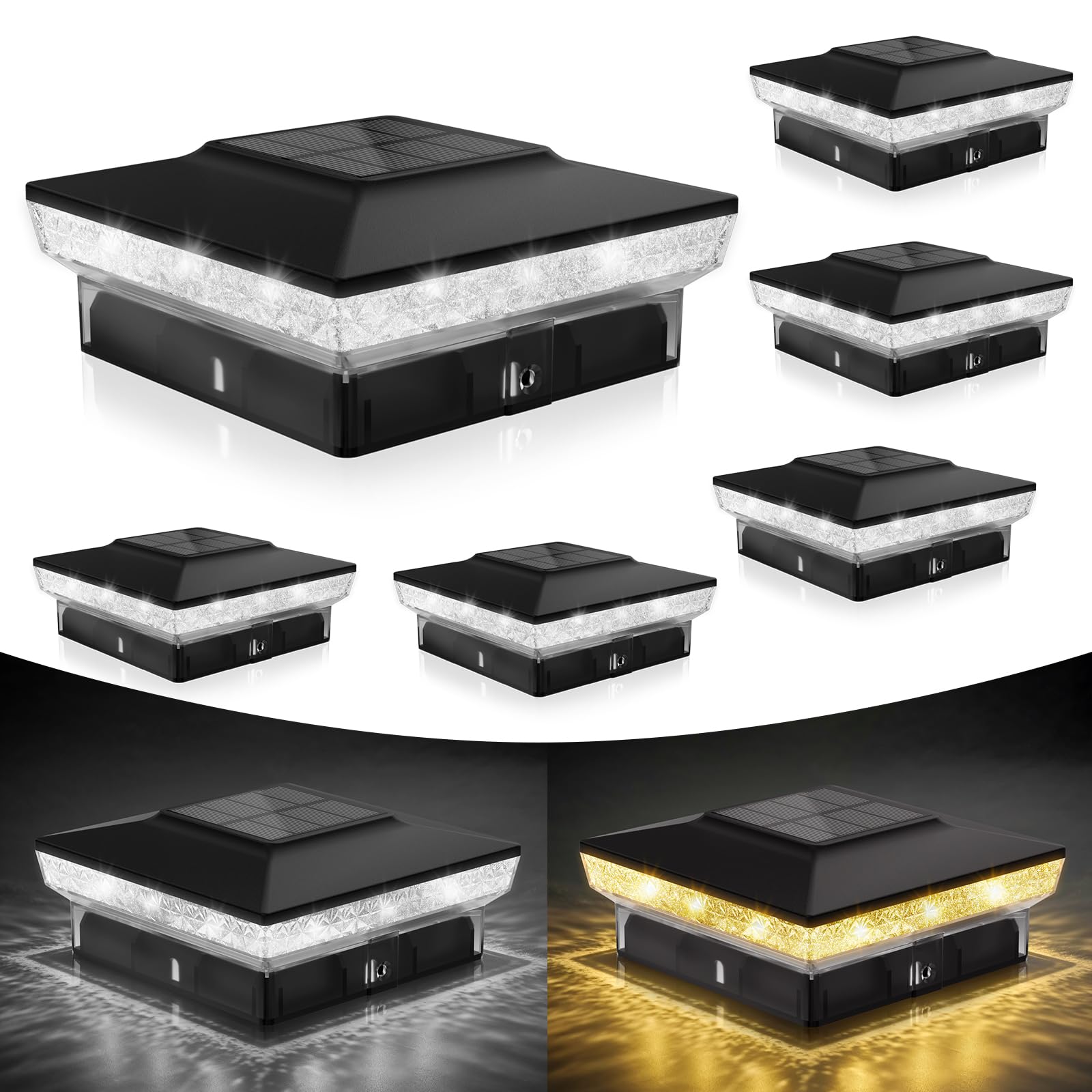 VOLISUN Solar Post Cap Lights, 4x4 Solar Deck Post Lights Outdoor, IP64 Waterproof Deck Post Lights Solar Powered (6 Pack Black)