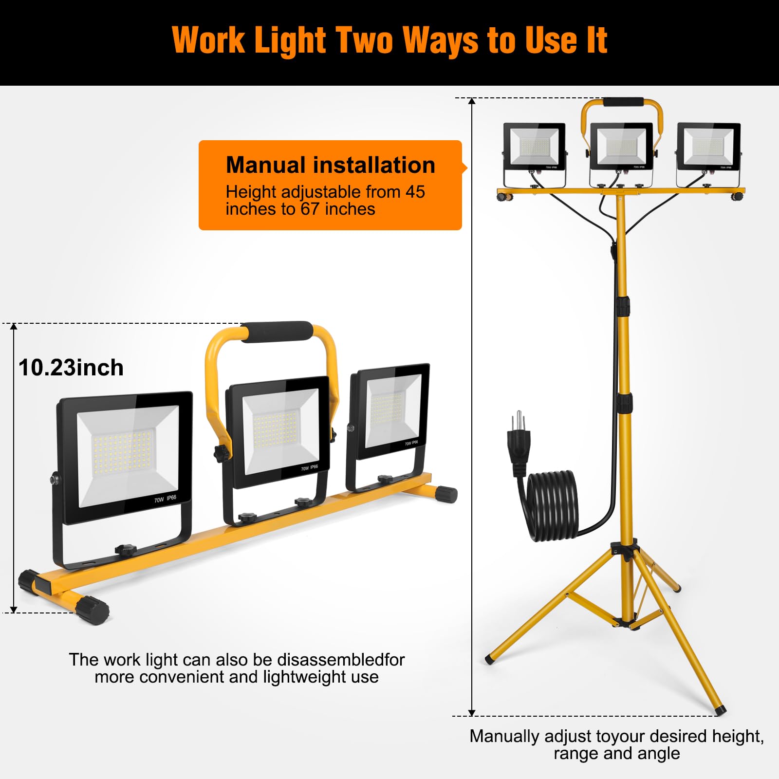 Wufoty Work Light Rugged, Easy To Use, 21,000 Lumen Work Light Stand, 3 Adjustable Led Work Light Heads Collapsible Tripod, 6,50