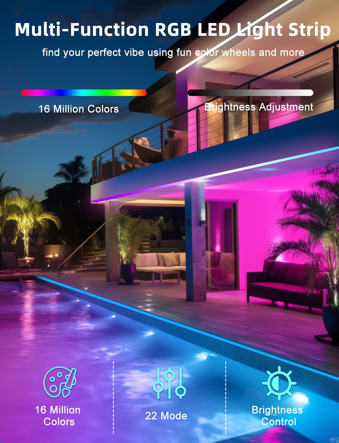 Outdoor Waterproof Led Light With 300 Ft (3 Rolls 100 Ft), App/Remote Control, Ip65 Waterproof, Music Synchronized Rgb Outdoor I