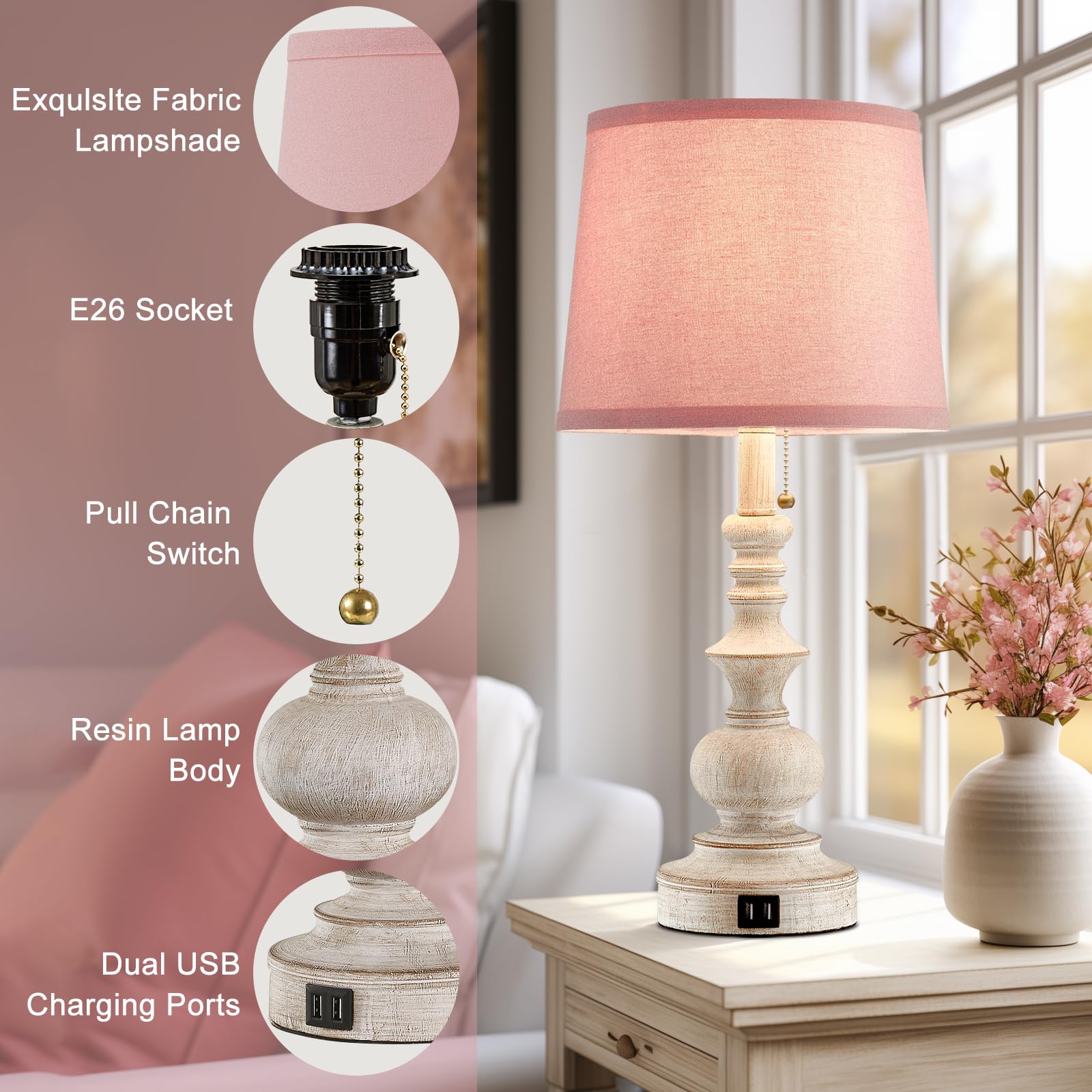 Drawealth 22'' Bedside Table Lamps Set Of 2 Modern Farmhouse Nightstand Lamps For Bedroom With Usb Charging Ports Vintage Boho T