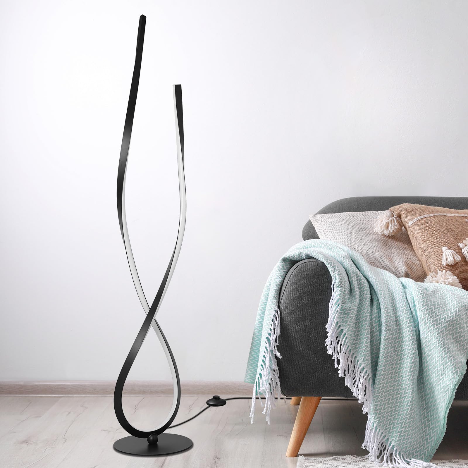 NUÜR Modern Spiral LED Floor Lamp, 59" Arched Black Design with Remote Control, Aluminum, Model FL001