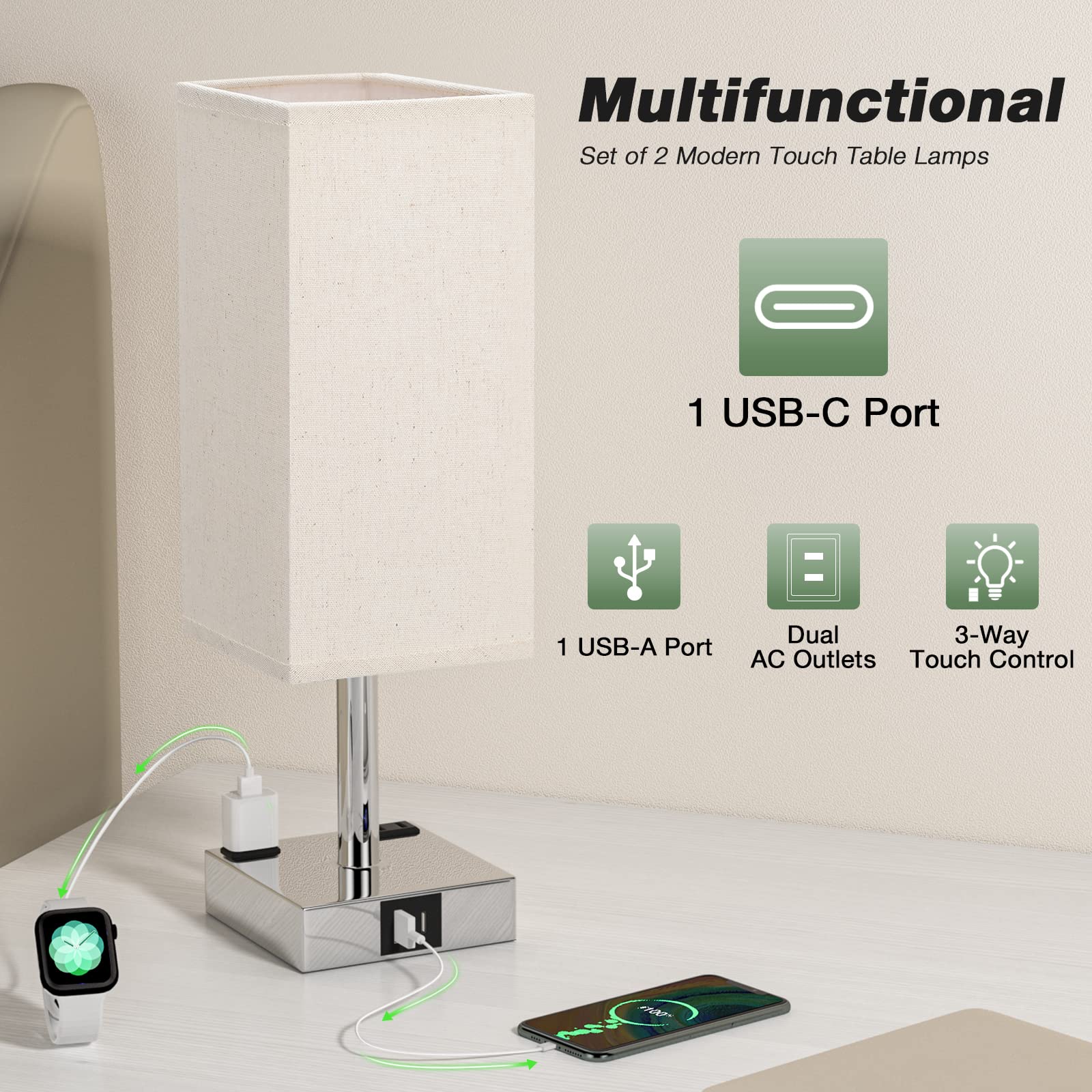 Aooshine Beige Set Of 2 Touch Lamp With Usb Port-Nightstand Lamp With Usb-C+A Charge Ports& Ac Outlets, 3-Way Dimmable Bedside L