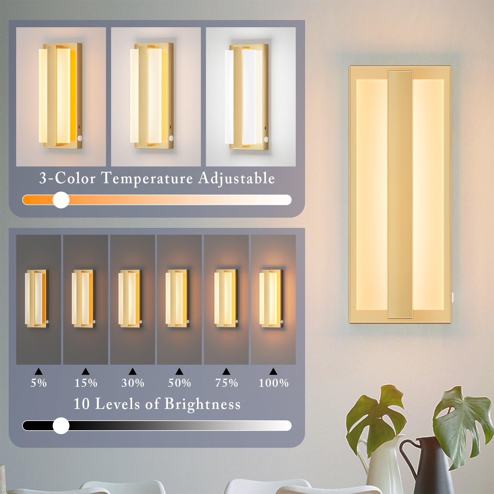 Aoceley USB-C Rechargeable LED Wall Sconce with Remote, Dimmable Touch Light, Gold, Model 8009, Indoor Use