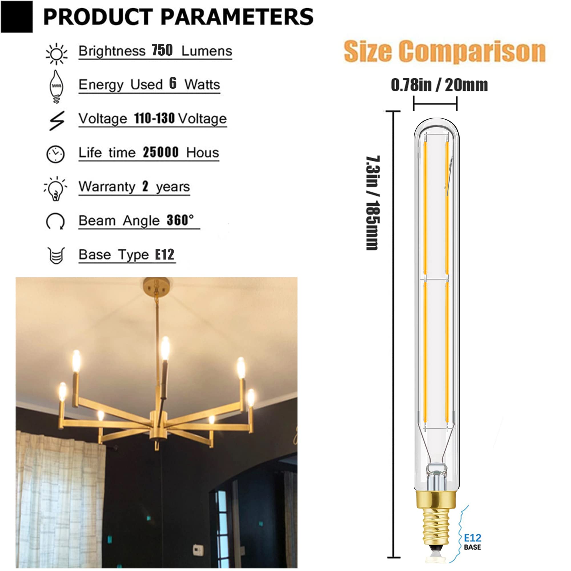 LVYE E12 LED Edison Bulbs, 6W Soft White 3000K, 750lm, 7.3 Inch, Glass, Pack of 6