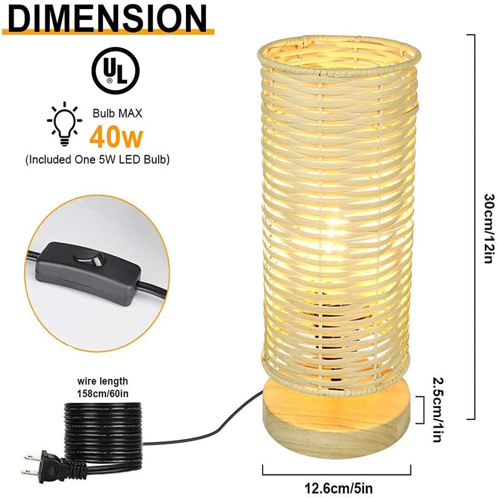 DINGLILIGHTING Bedside Table Lamp, LED Rubber Wood Nightstand Lamp, Round Rattan Shade, 11.81 in, Model WS-MNT19-60B, Wood