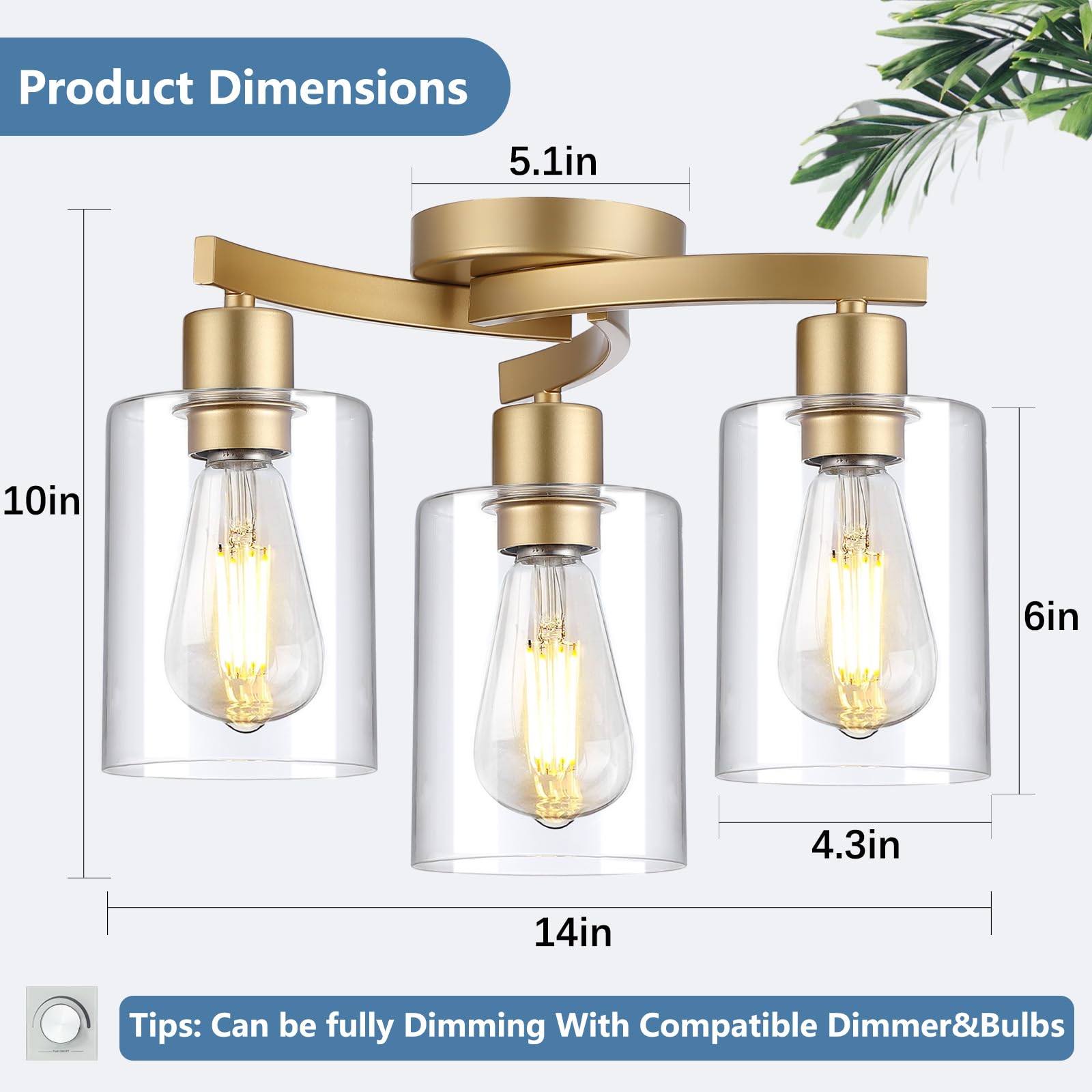 3Wwwuee 3-Light Semi Flush Mount Ceiling Light, Modern Close To Ceiling Light Fixtures With Clear Glass Shades, Gold Light Fixtu