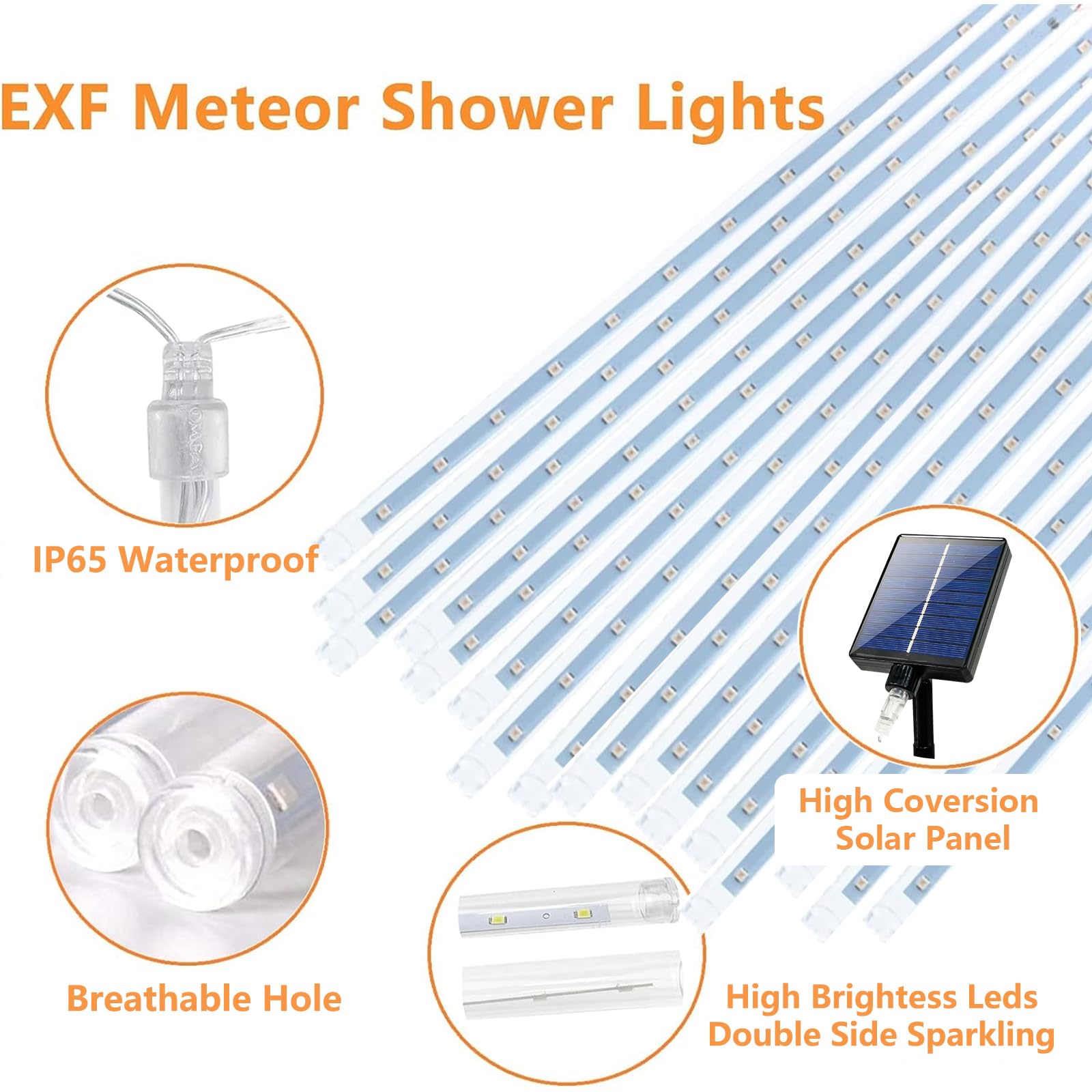 EXF Solar Meteor Shower Lights 16 Tubes 384 LEDs Cool White Waterproof 1 Pack MSL-01 for Outdoor Christmas Decorations
