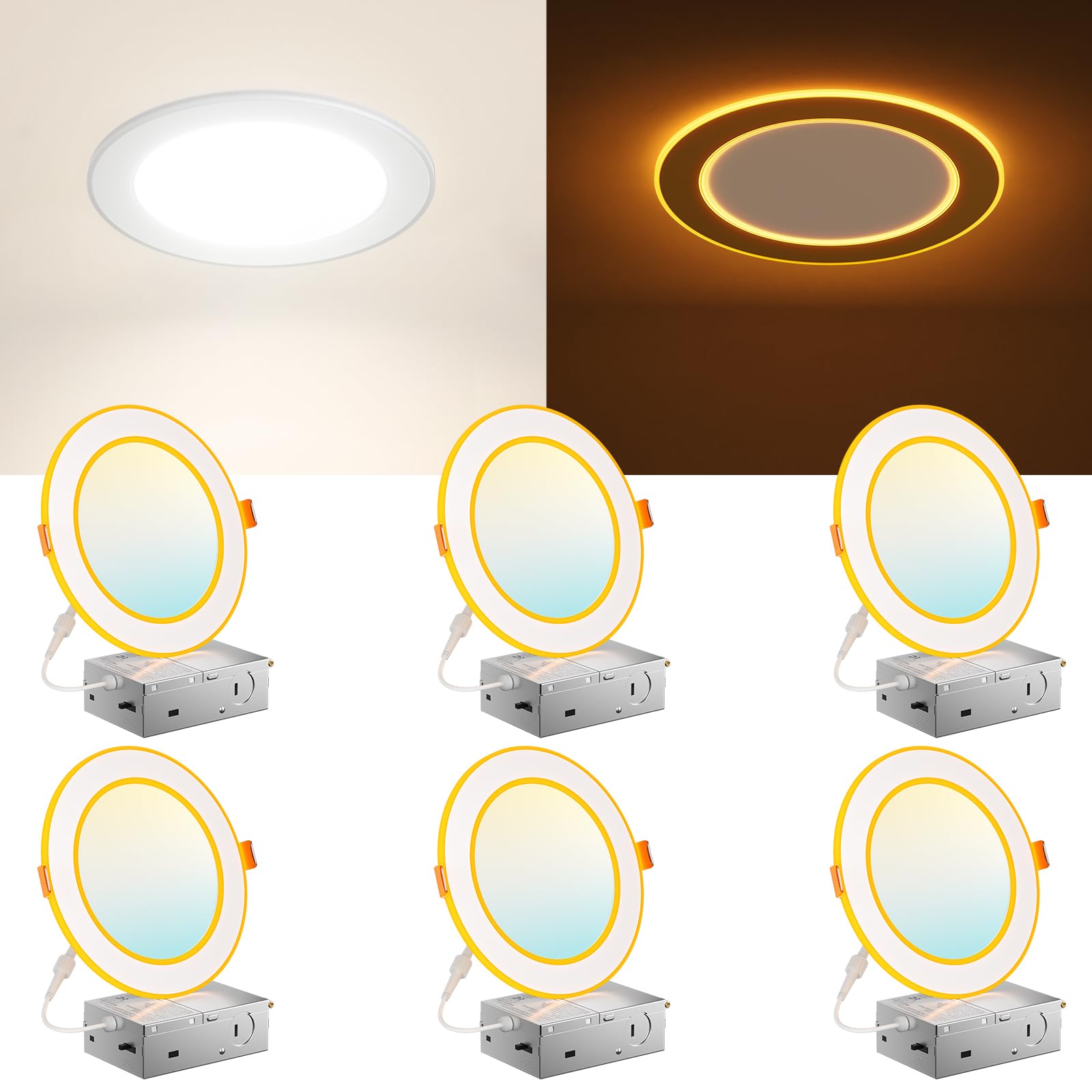 Amico 6 Pack 6 Inch 5CCT LED Recessed Ceiling Light with Double Ring Night Light, 2700-5000K Selectable Ultra-Thin Recessed Ligh