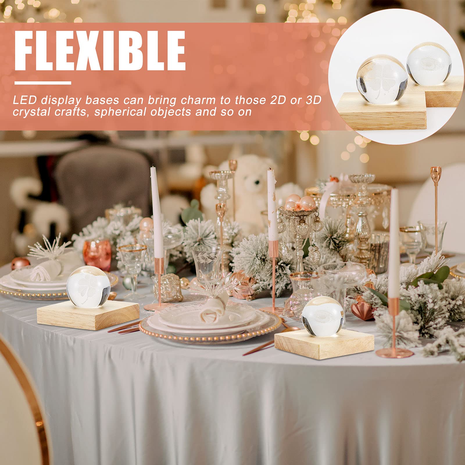 Honoson 2 Pcs Led Base Wood Light Display Base For Crystal Glass Art Resin Light Display Stand With 6 Led Wooden Crystal Resin L