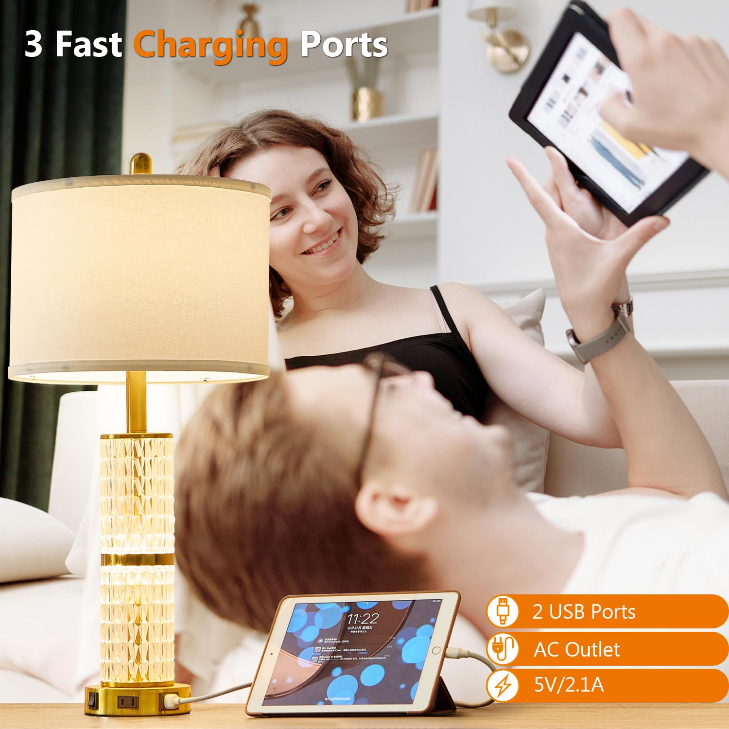 SAIWEYA Crystal Table Lamp Set of 2, 3-Way Dimmable Touch Lamps with USB Ports, Gold, 27In, Model TM-T10-N