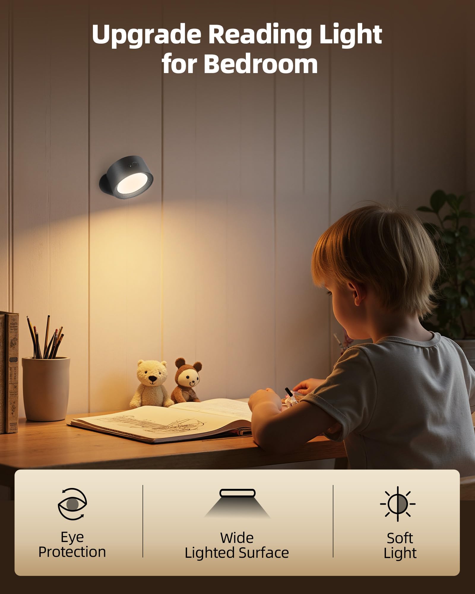AMETHEUS LED Wall Mounted Lights, Rechargeable Sconces, 3 Color Temperatures, Dimmable, 3 Pack, Black, Model WL02