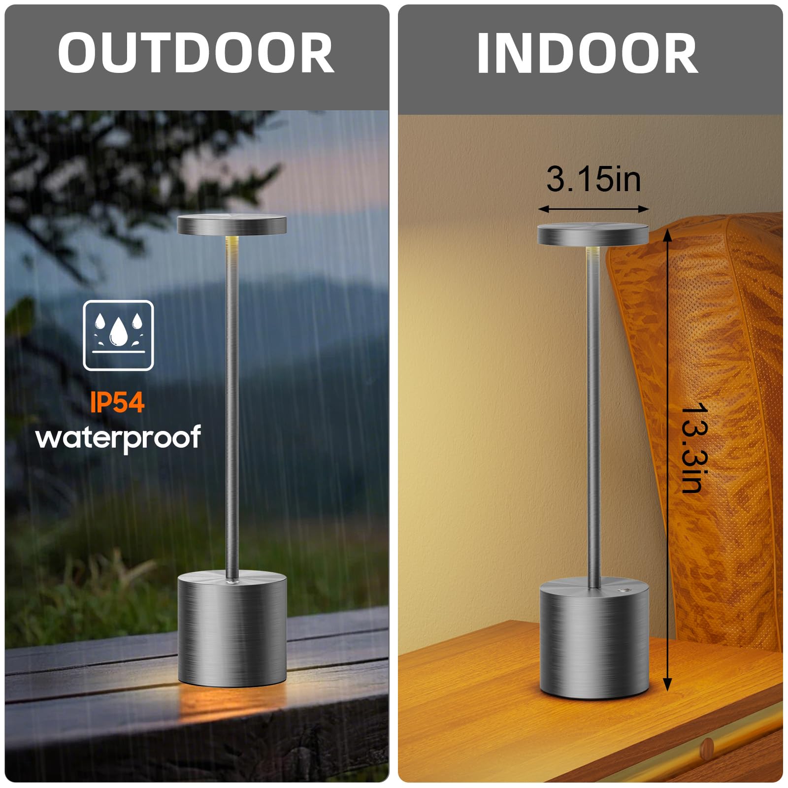 SAKRINGT Cordless Table Lamp, Rechargeable 6000mAh LED Light, Aluminum, Grey, Model S801