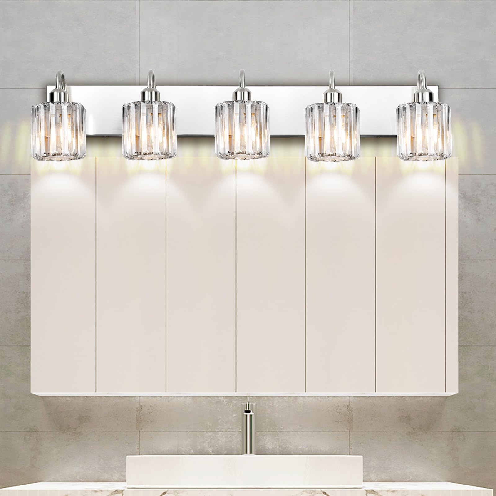 Valytime 5 Light Bathroom Vanity Light, Brushed Nickel, Stainless Steel and Crystal, Over Mirror Fixture