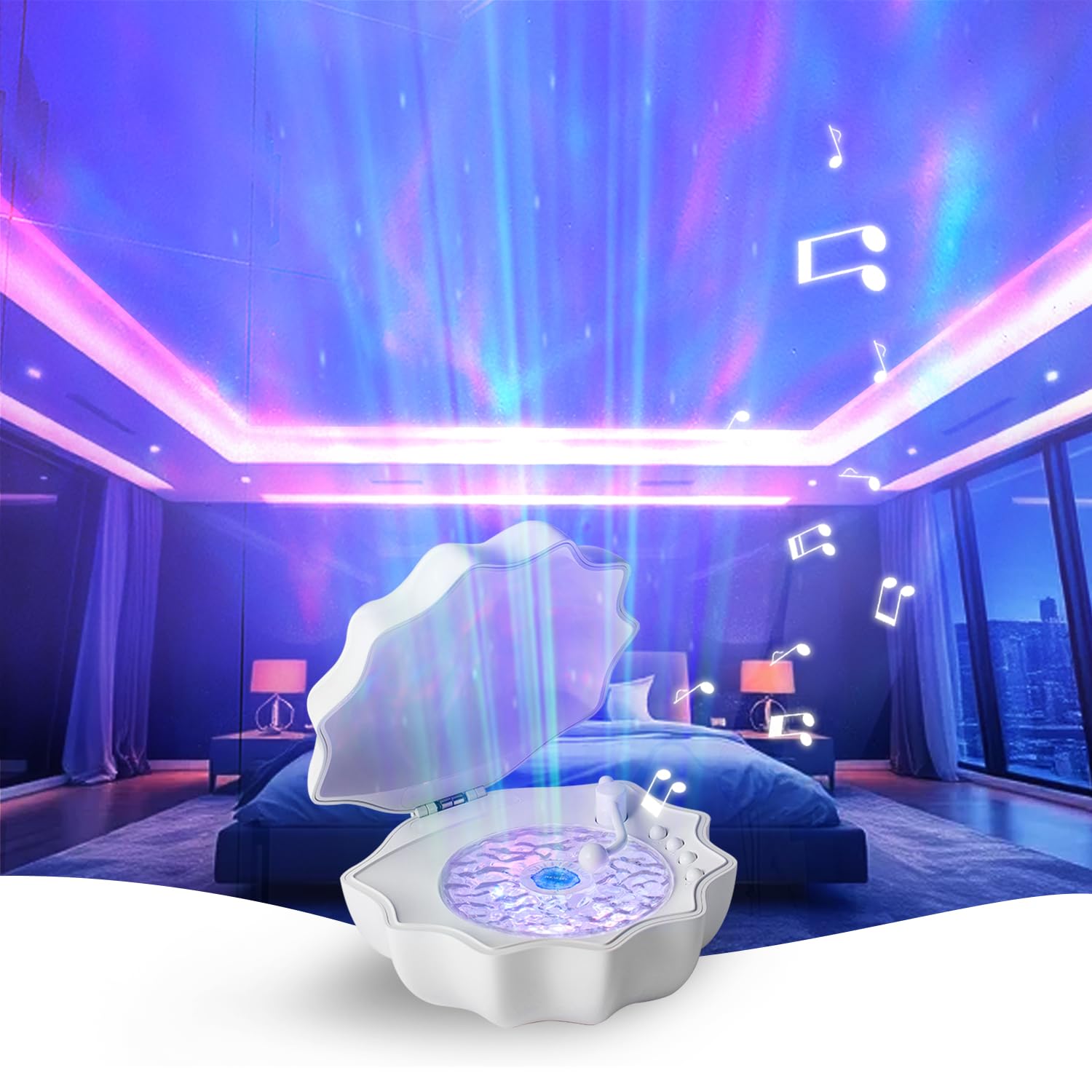 Northern Lights Projector, Night light projector for bedroom Built-in Bluetooth Speaker, White Noise, Shell Night Light for Room