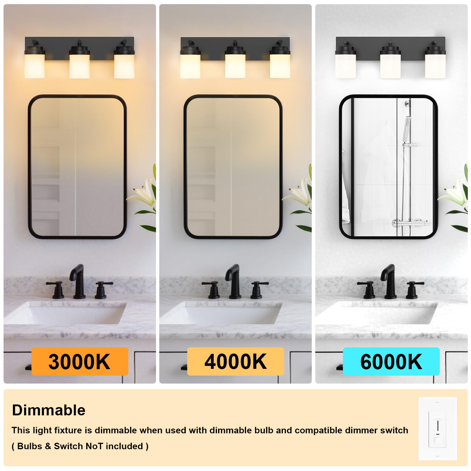 IZORRO 3-Light Bathroom Vanity Light Fixture, Matte Black with White Glass Shade, Modern Farmhouse Design, Model HL101