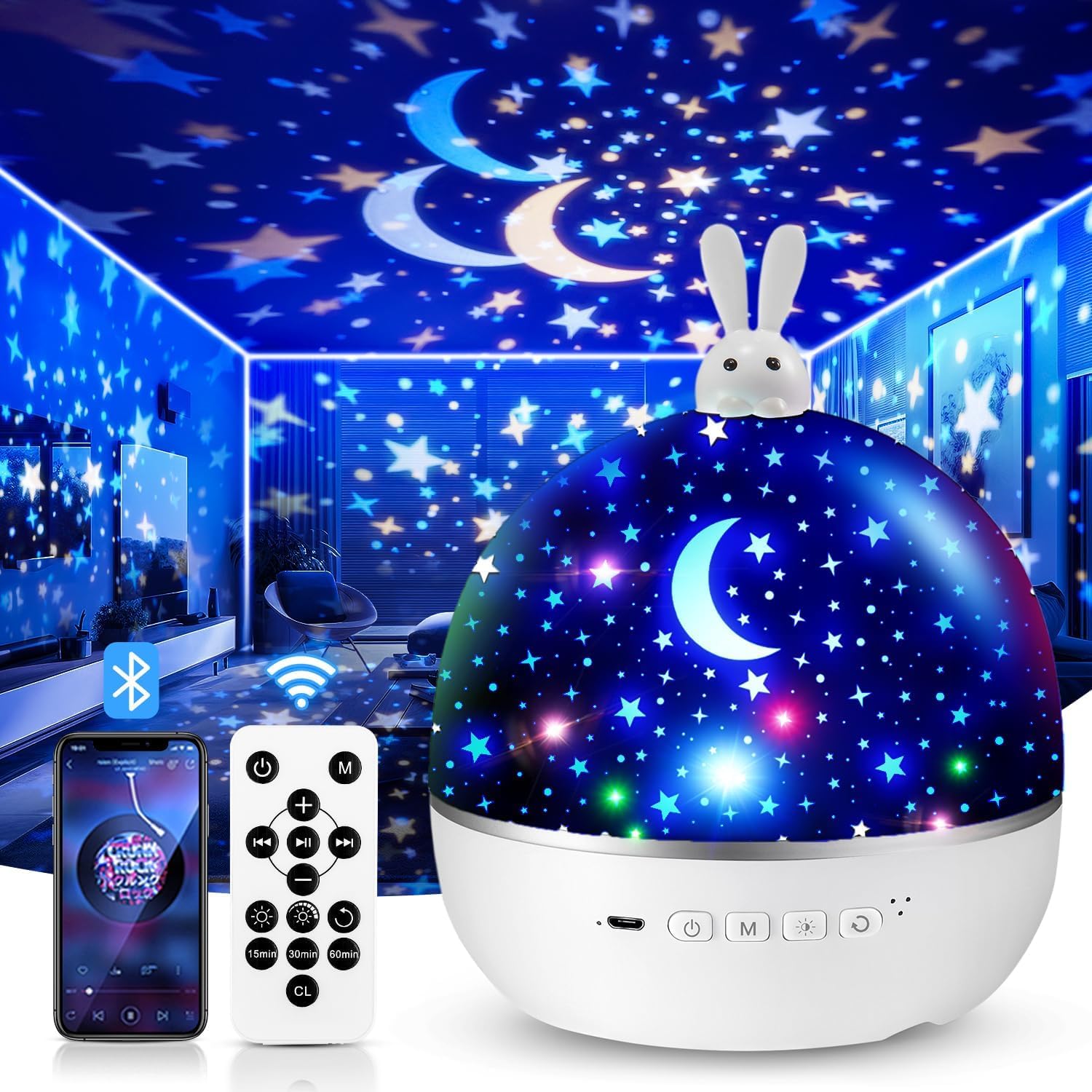 Onefire Night Light Projector For Kids - 15 Films, Bluetooth Music, Remote Dimmable, Rechargeable