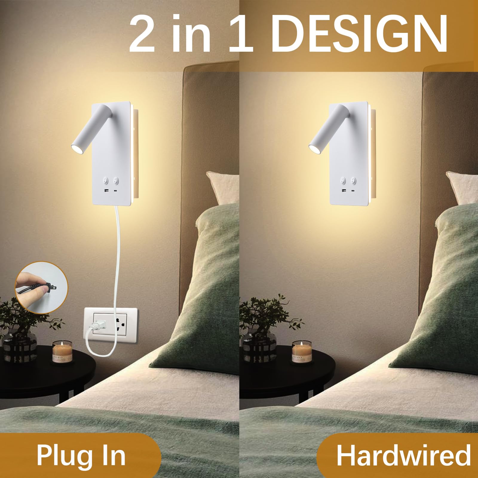 MOLUOLA LED Wall Lamp Wall Mounted Sconce with USB Ports, 9W+3W Night Light, 1 Pack, White, Model S07G-Black