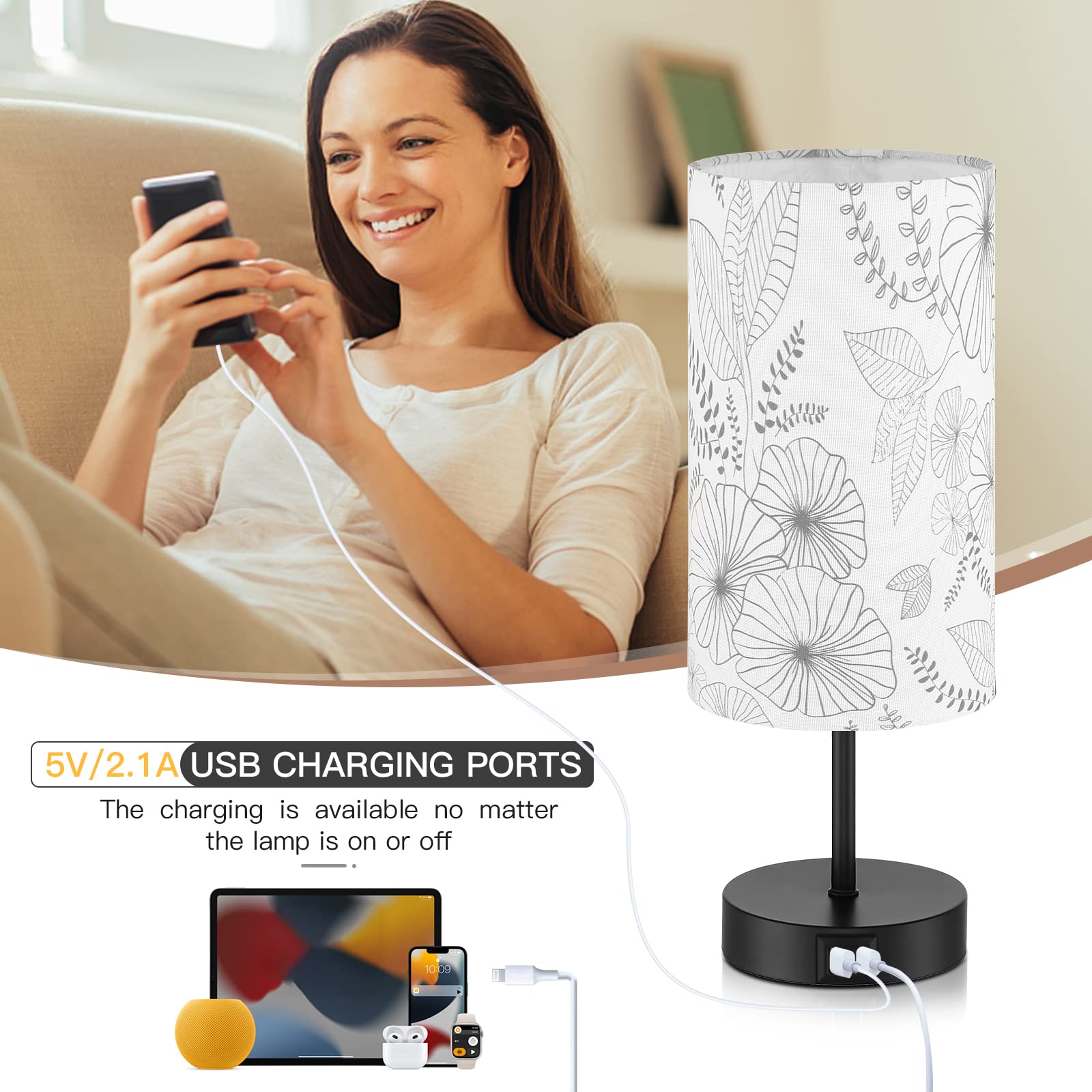 CINSARY Touch Control Bedside Lamp, 3-Way Dimmable, 2 USB Ports, Fabric Shade, White, E26 LED Bulb Included