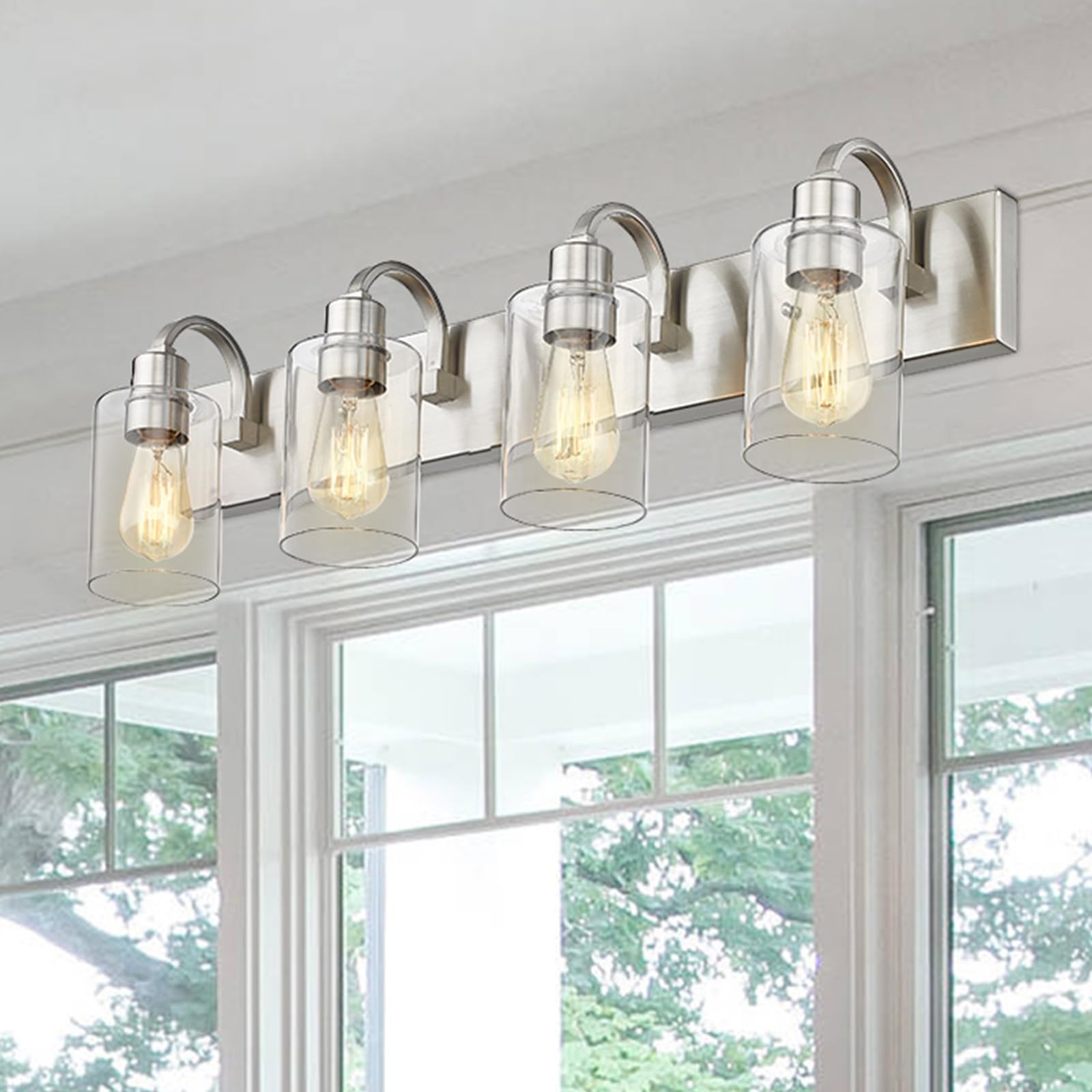 Emliviar 4-Light Brushed Nickel Vanity Light Fixture With Clear Glass - Modern Bathroom Lighting