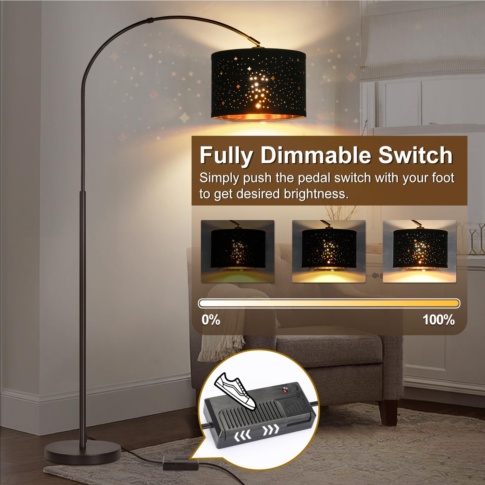 Dimmable Floor Lamp, Arc Floor Lamp For Living Room, Arched Tall Modern Standing Lamp With Adjustable Star Shade, Black Mid Cent