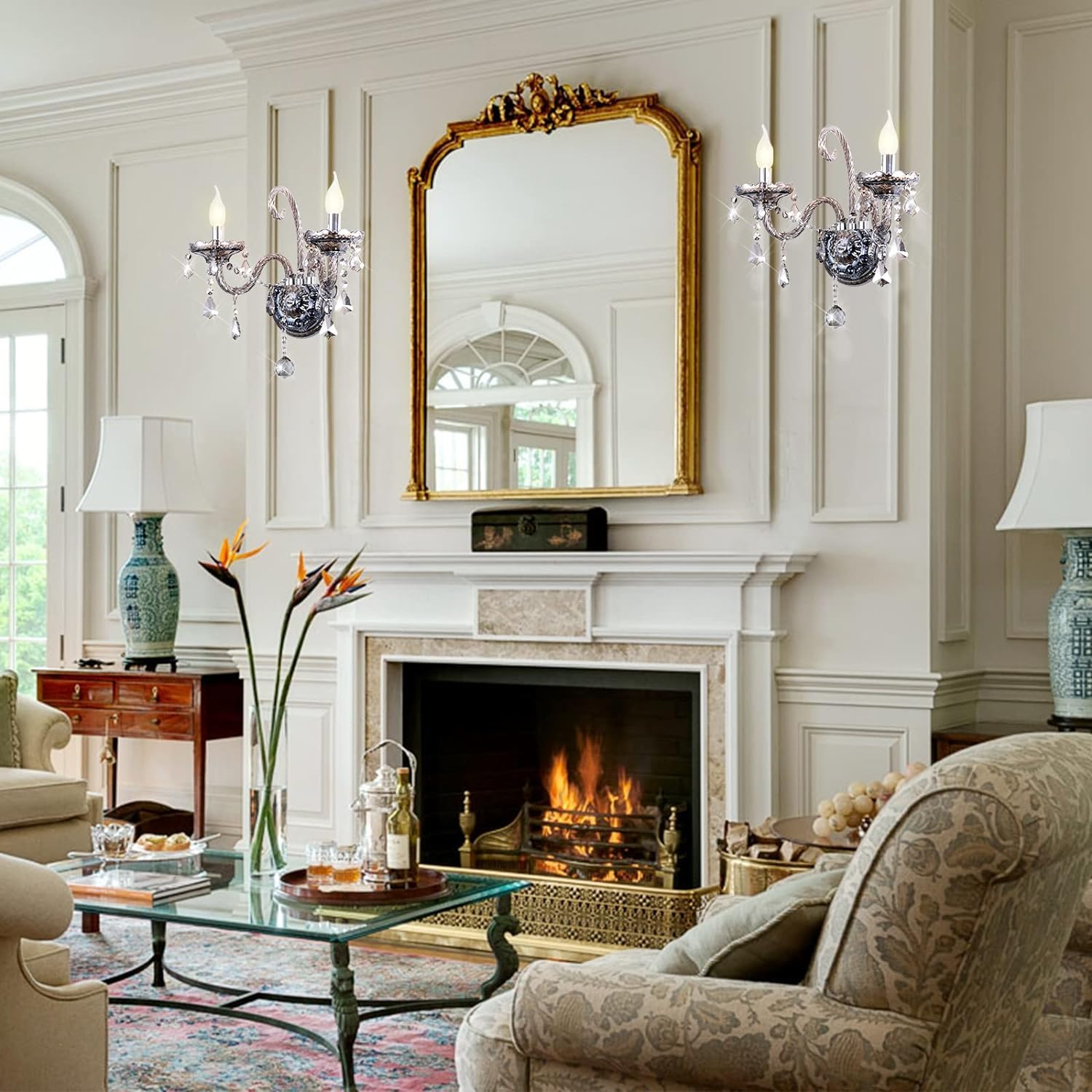 CRYSTOP Crystal Wall Sconces Lighting Set of 2, Gray, Metal, European Style, E12 Base, Perfect for Indoor/Outdoor Décor