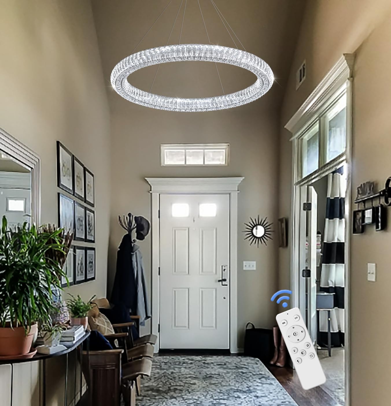Idequy Modern Crystal Chandelier Dimmable Led 31.5'' Ring Pendant Light Adjustable Round Chrome Crystal Chandelier Light Fixture