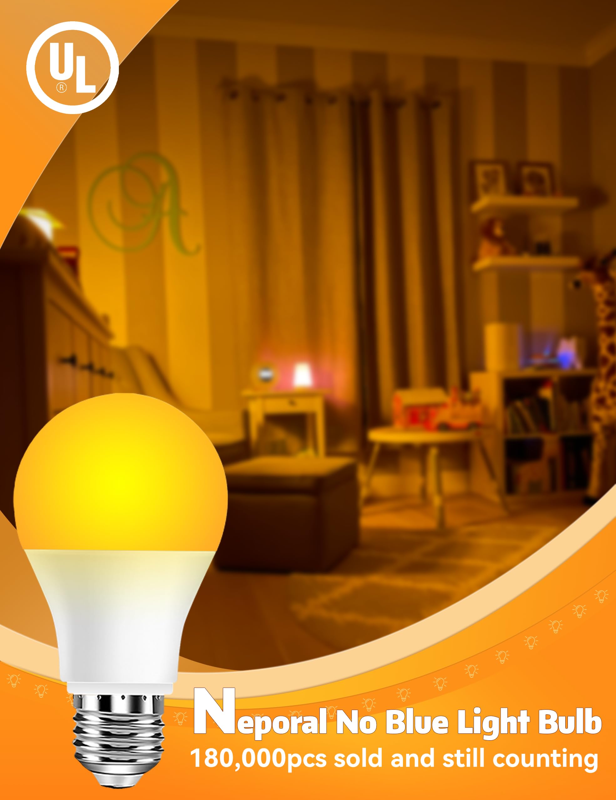 Neporal Amber Light Bulbs, 9W 60W Equivalent A19 Soft Light Bulbs, Blue Light Blocking Warm Light Bulbs, 1800K Amber Night Light