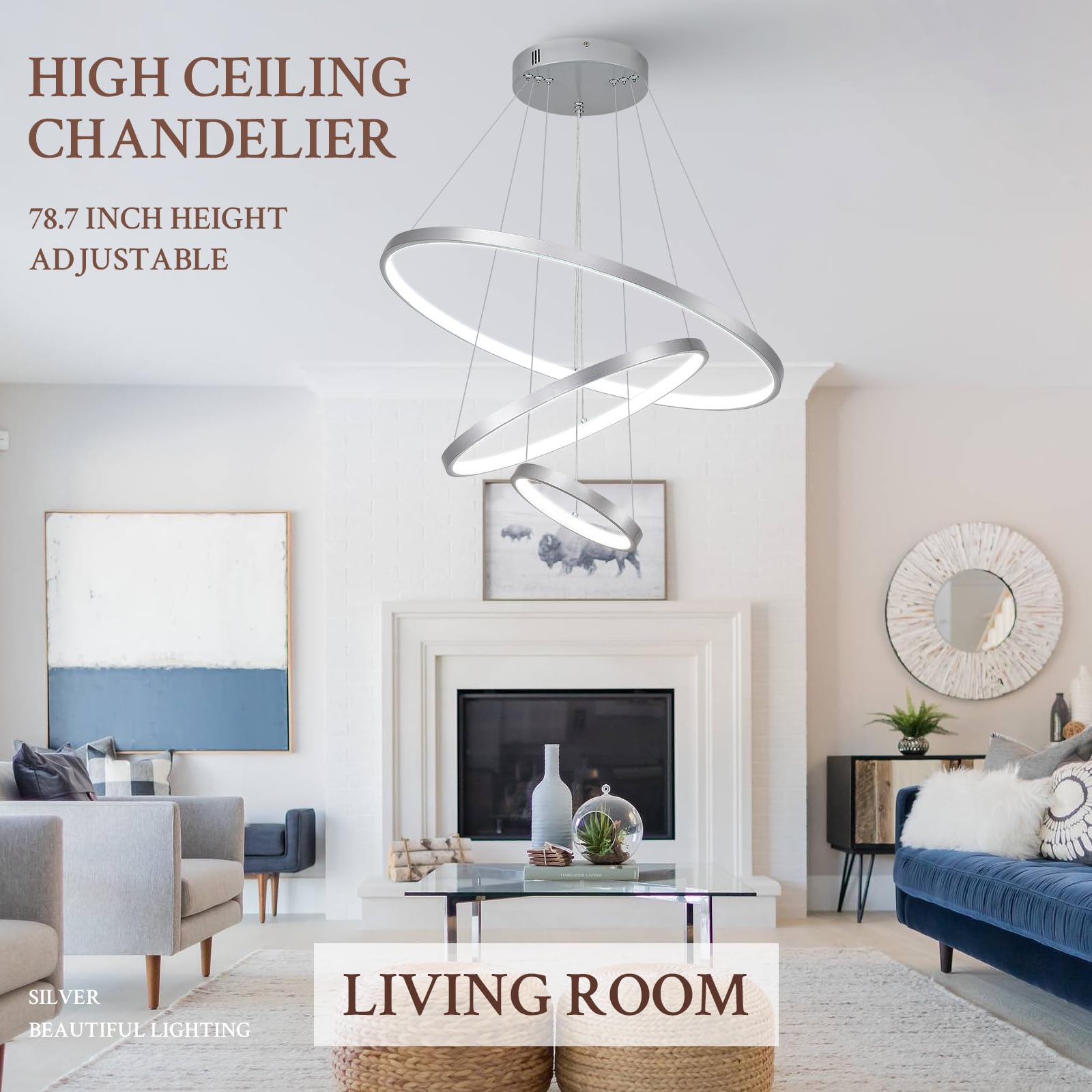 Sparklelf LED Chandelier, Silver, 3 Rings 23.6inch, Dimmable, Remote Control, Model SE-P16-3SDC1