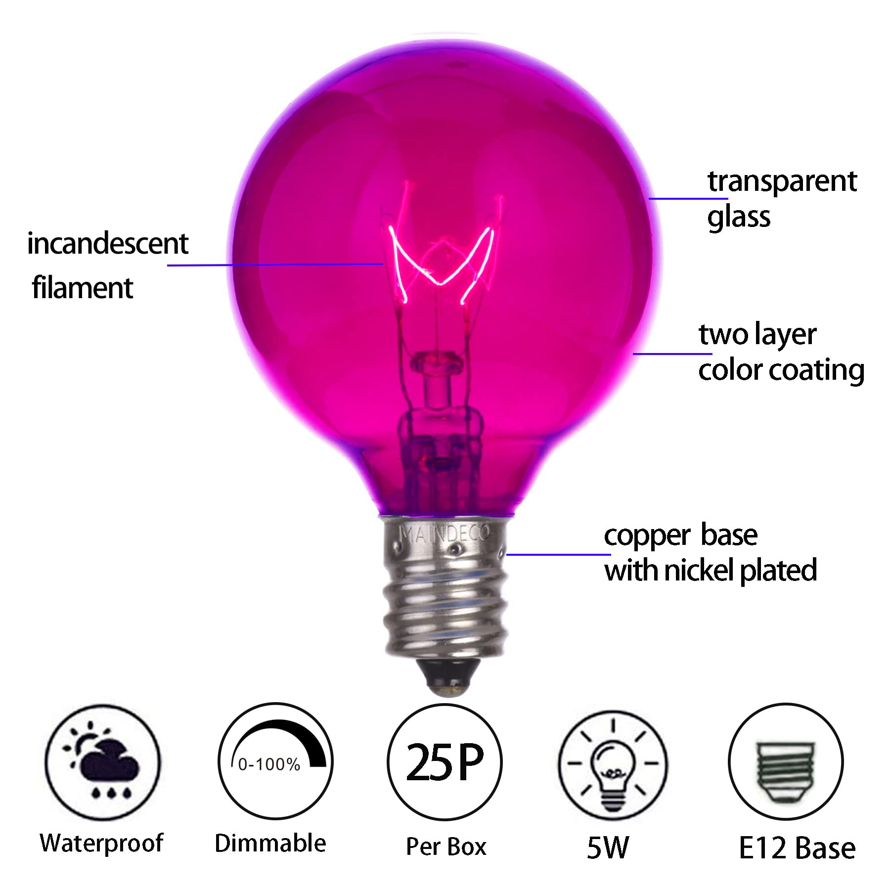 Maindeco 25 Pack G40 Replacement Bulbs,120V 5W Incandescent,E12 Base,For Indoor Outdoor String Lights-Pink