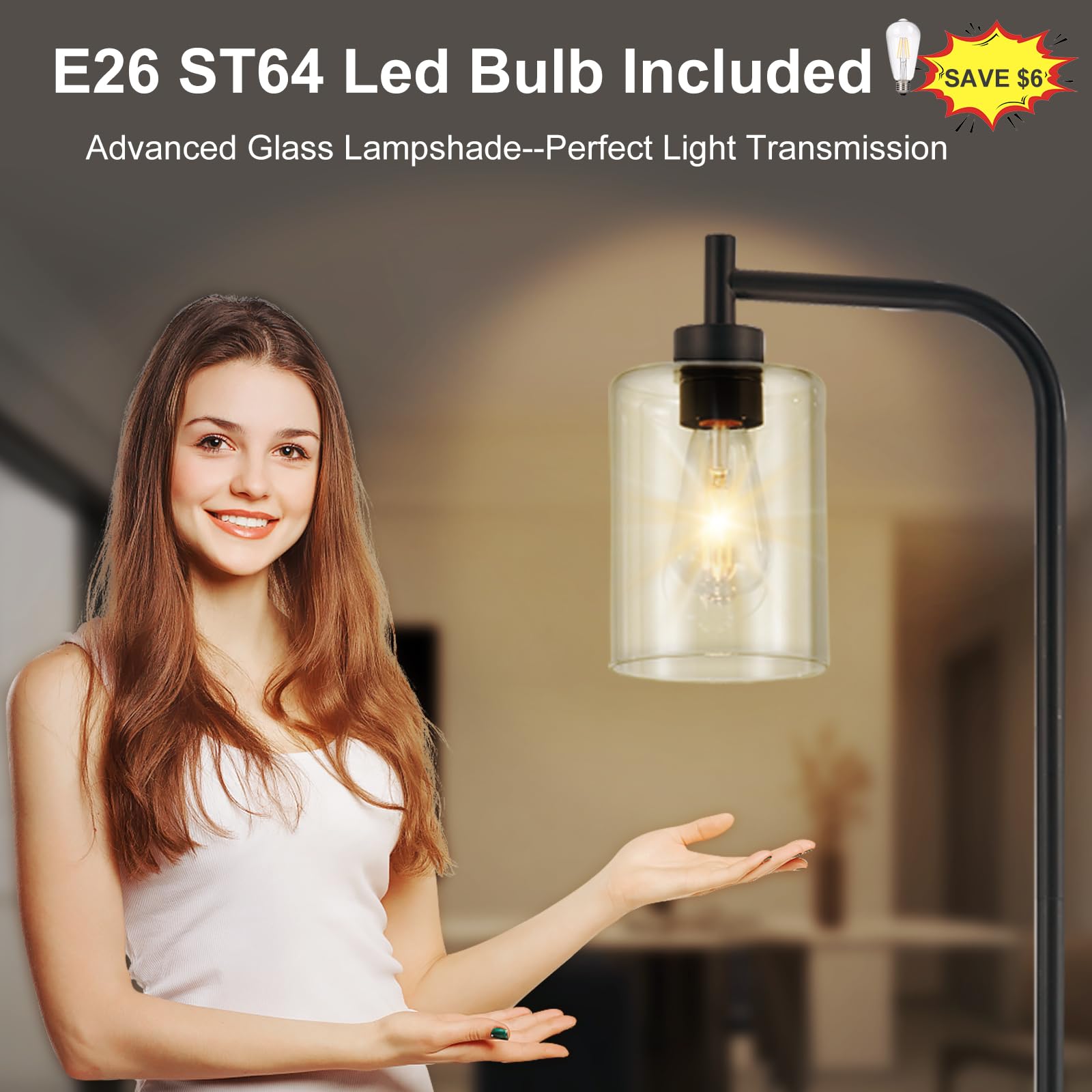 Dllt Floor Lamp Tall For Room: Black Standing Lamp With Clear Glass Lampshade For Living Room - Modern Bright Lamp For Bedroom -