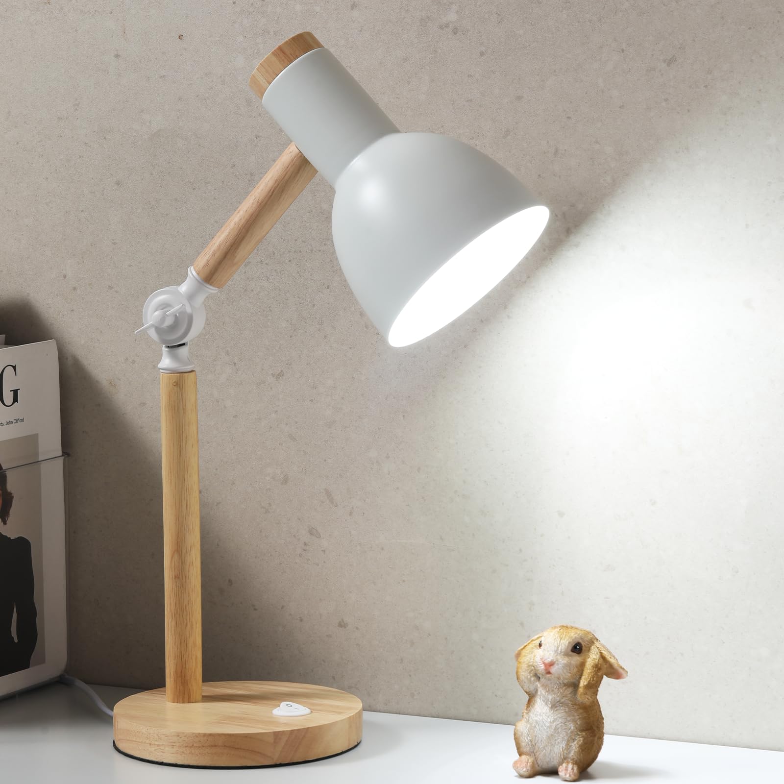LRXJHHTY Small Wooden Desk Lamp,Adjustable tri-Color Kids Table Lamp,Desk Lamp for Home Office,Bedside lamp,Dorm lamp(White)