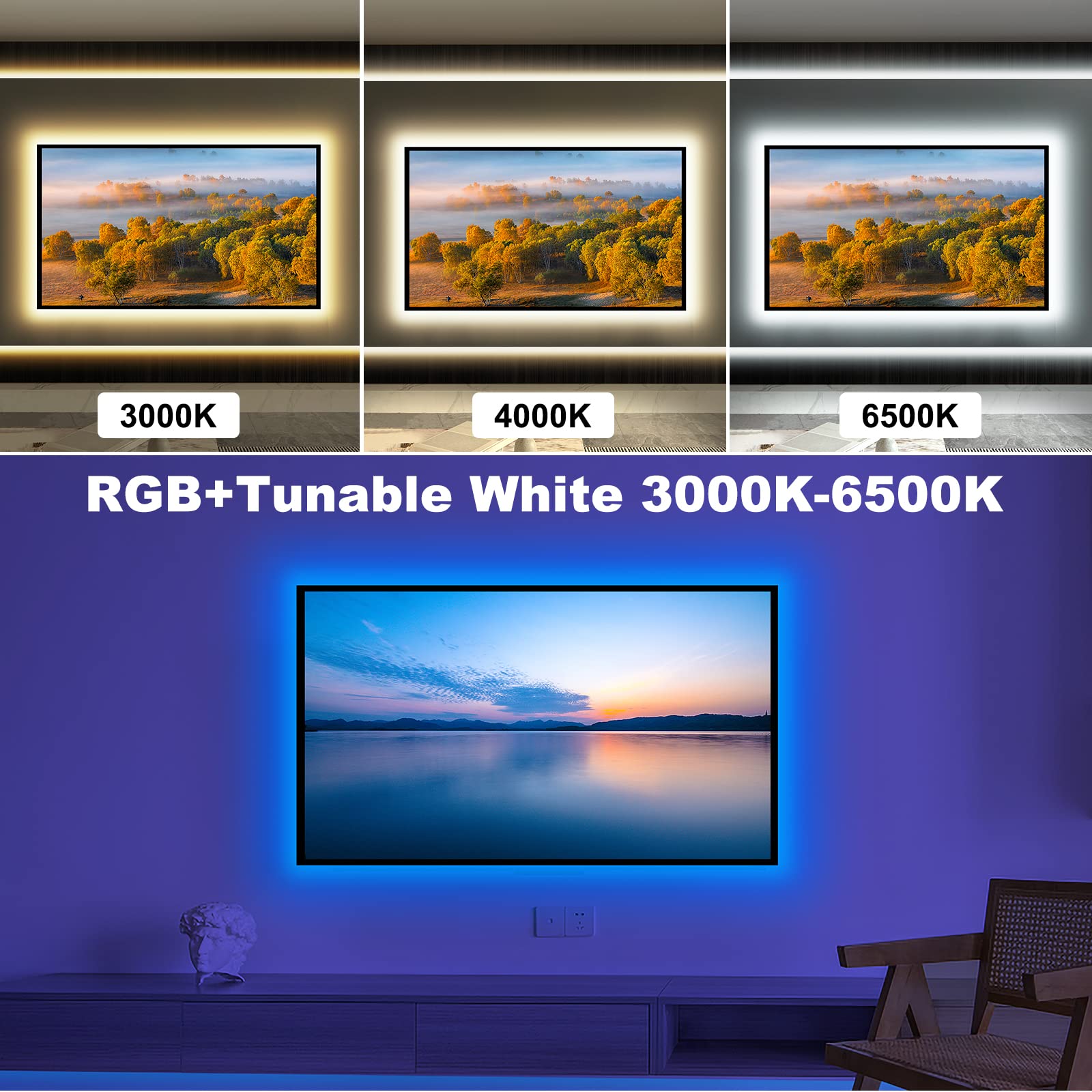Tatazone Bluetooth RGBWW LED Backlight for 60-65 Inch TV, App Control, RGB+Tunable White 3000K-6500K, Model LR7002