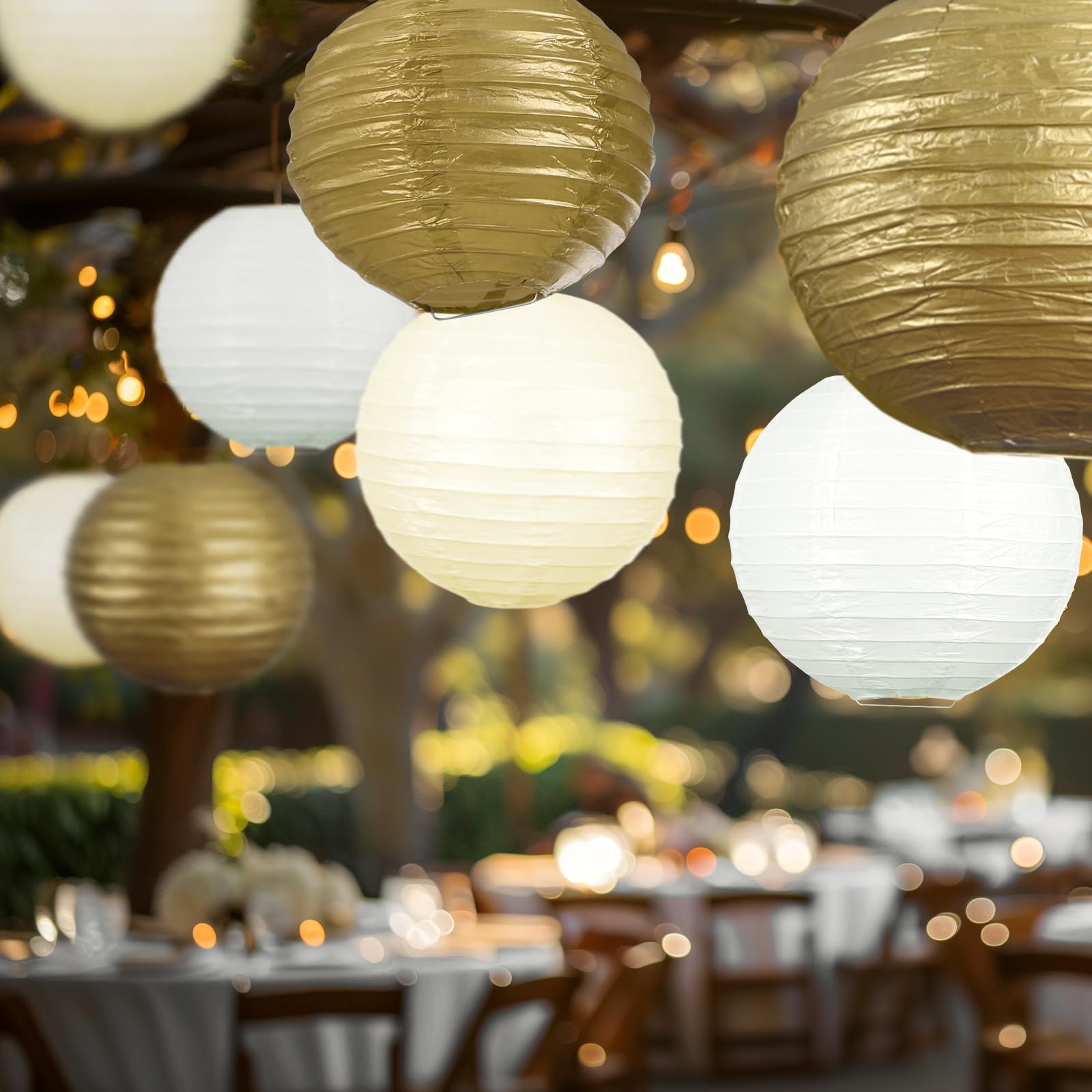 Uniqooo 18Pcs Metallic Gold Paper Lantern Wedding Decoration Set, Assorted Hanging Gold Japanese Paper Lantern, Reusable Easy Assemble, For New Year Christmas Birthday Baby Shower Party Favor Supplies