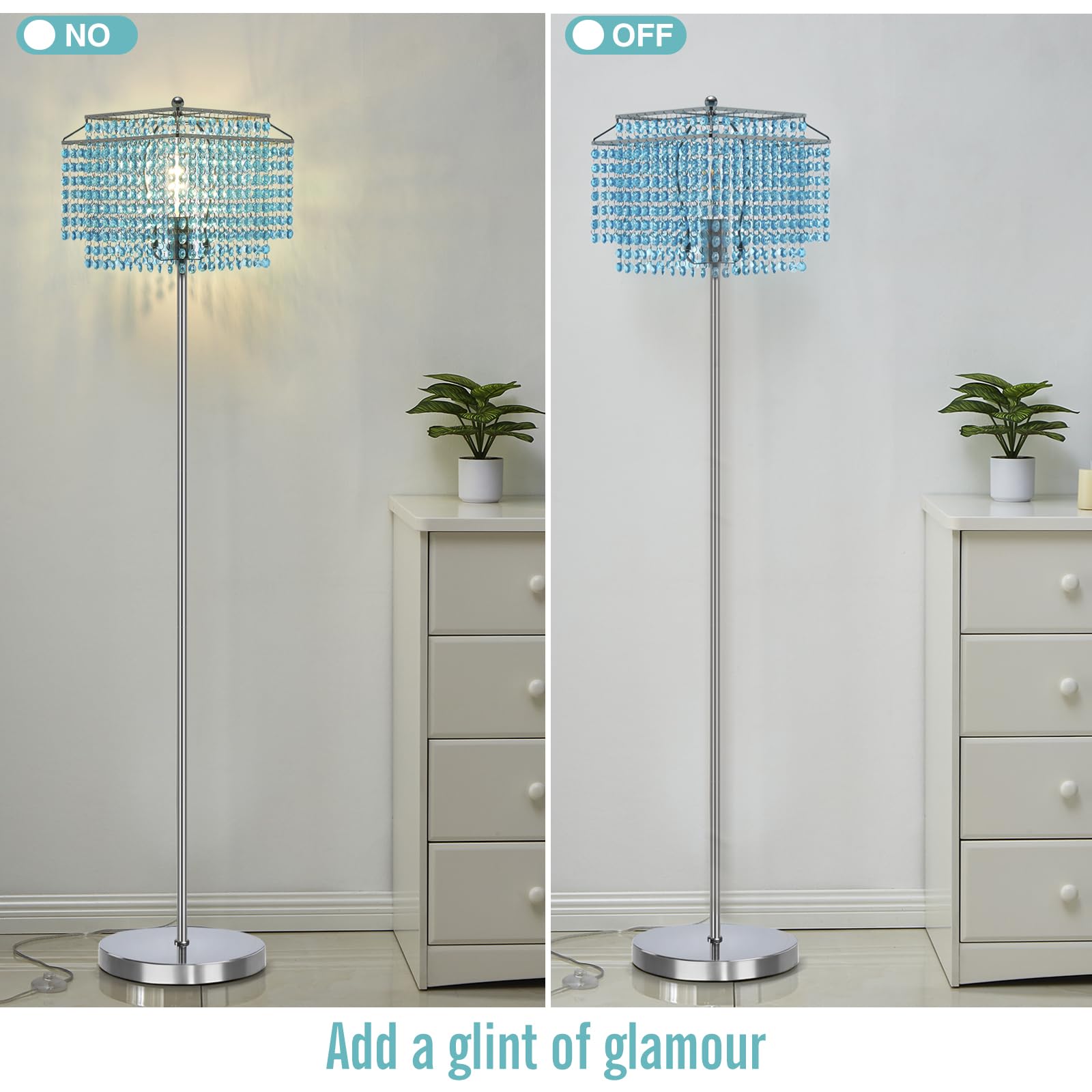 Luvkczc Crystal Floor Lamp Blue, 64'' Tall Elegant Standing Lamp With On-Off Foot Switch, Double-Layer Lampshade, Light Blue Sta