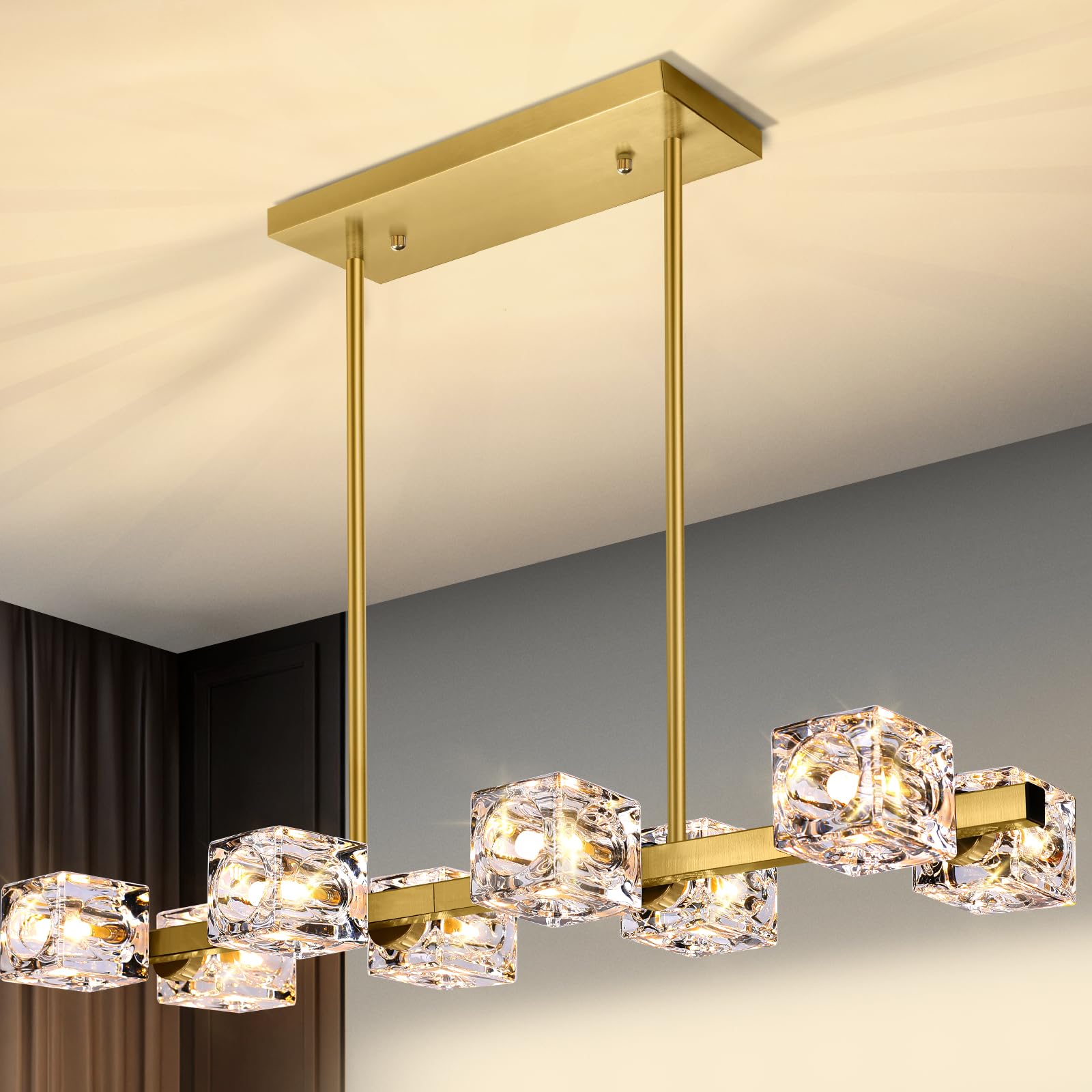 Modern Crystal Chandeliers For Dining Room, 8-Light Gold Rectangular Dining Room Light Fixture, Adjustable Farmhouse Pendant Lig