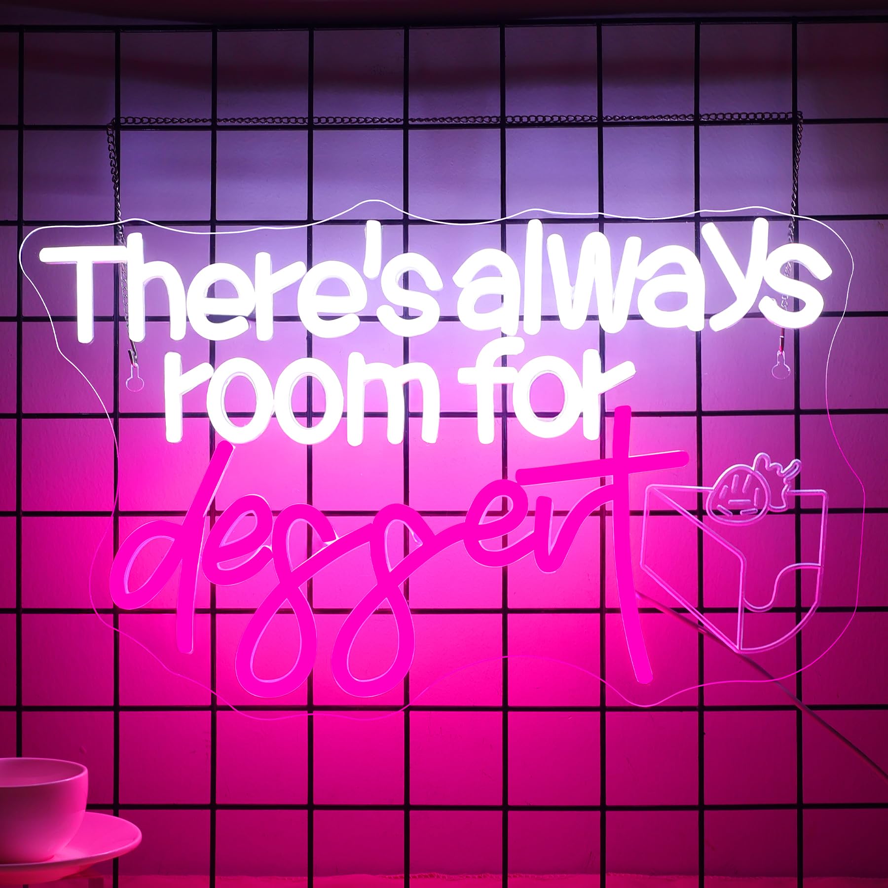 Nosun ThereS Always Room For Dessert Neon Sign Led Bar White Text Treat Yourself For Snack Candy Dessert Flower Bar Bedroom Wall Decor Wedding Birthday Party Home Room Gift