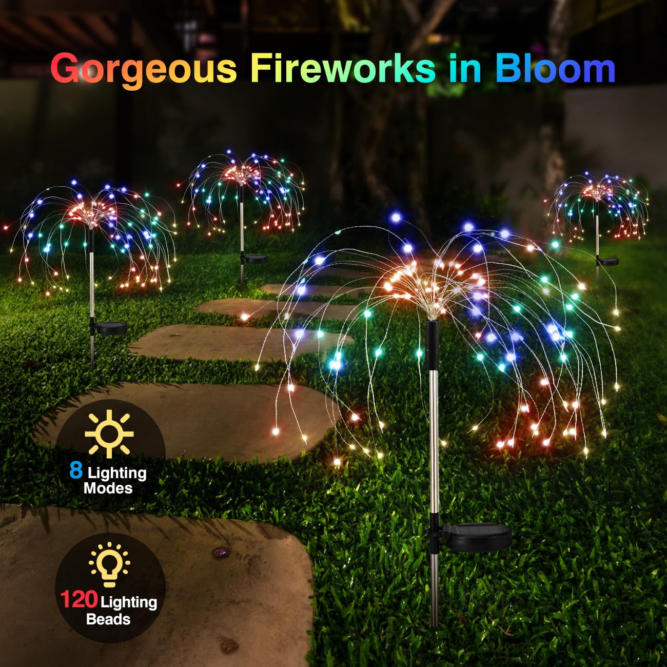 Lewondr Firework Solar Garden Lights, 120 LED Solar Firework Lights with 8 Lighting Modes, Waterproof Sparkler Starburst Solar L