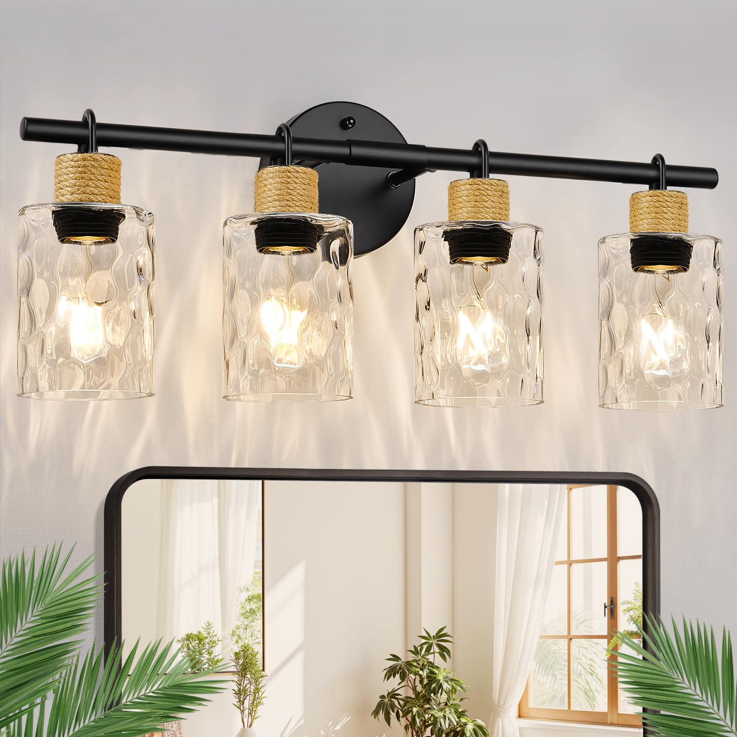 MOKATNG 4-Light Coastal Vanity Lights, Crystal Glass Shade, Matte Black, Model YX-057