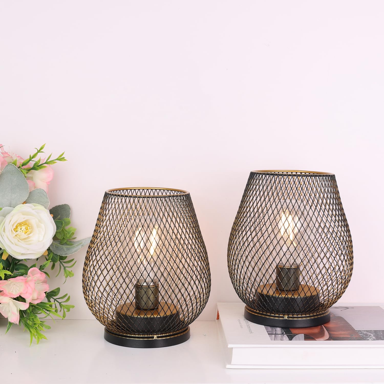 Needomo Set Of 2 Battery Operated Lamp Outdoor Table Lantern, Led Metal Cage With Timer Mode, Vintage Decorative Lights Cordless