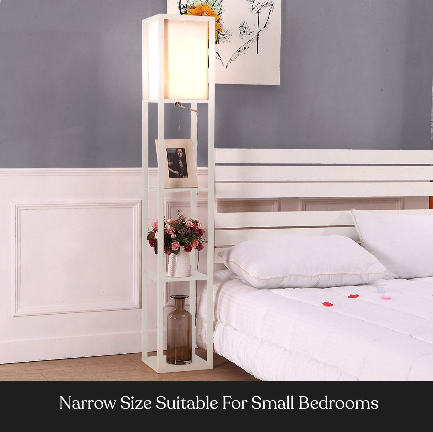 Brightech Maxwell Modern Shelf Floor Lamp with LED Bulb - White Wood Design for Living Room, Bedroom & Office