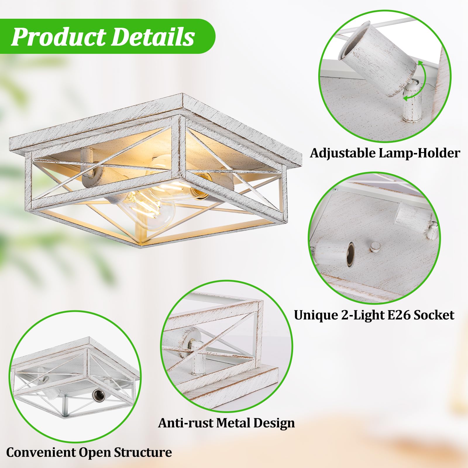 White Hallway Light Fixtures For Ceiling, 2-Light Farmhouse Industrial Flush Mount Ceiling Lights, 2-Pack Metal Kitchen Light Fi