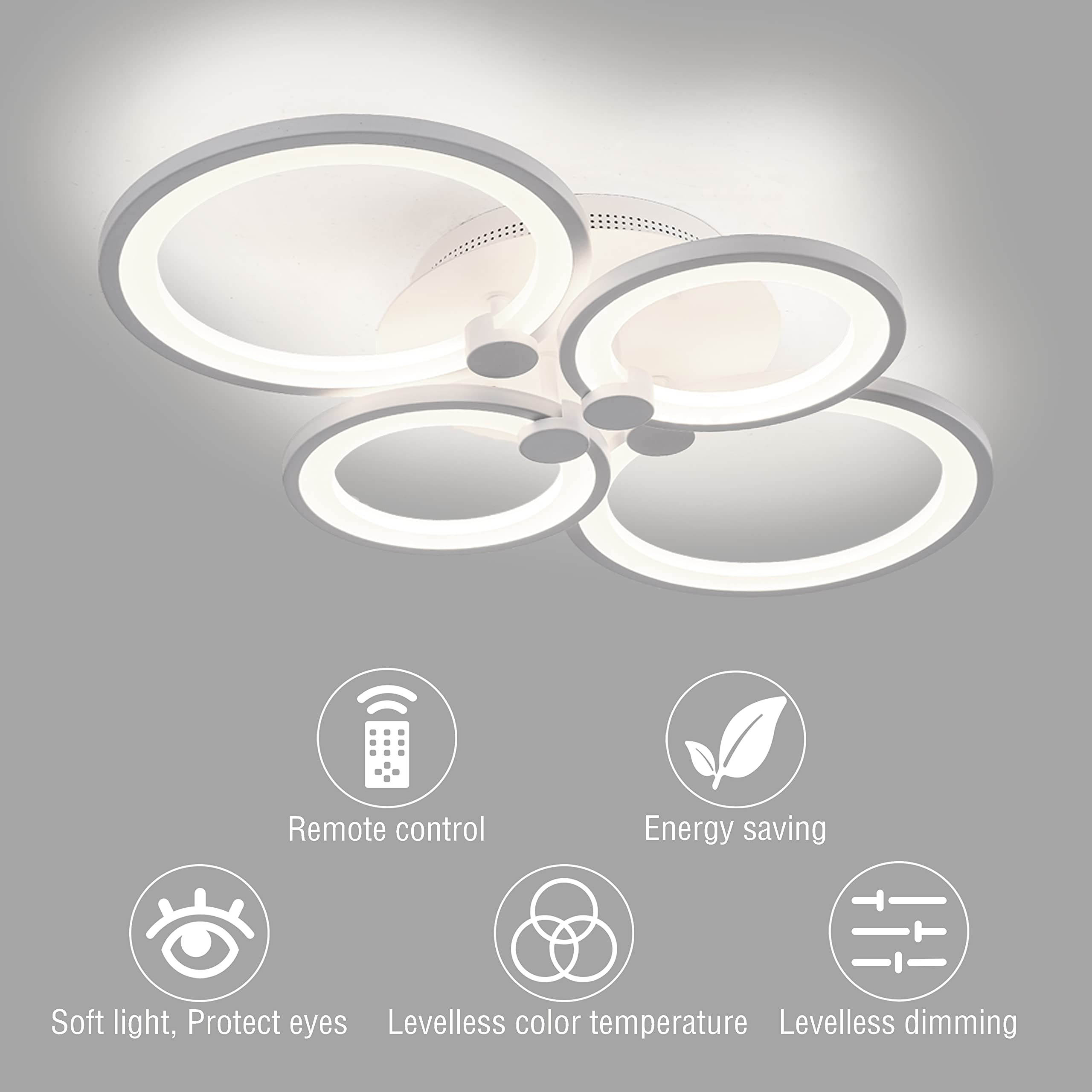 Stch Led Ceiling Light Fixture, 60W Flush Mount Ceiling Light, Kitchen Light Fixtures With Remote Control, 4 Rings Ceiling Lamp